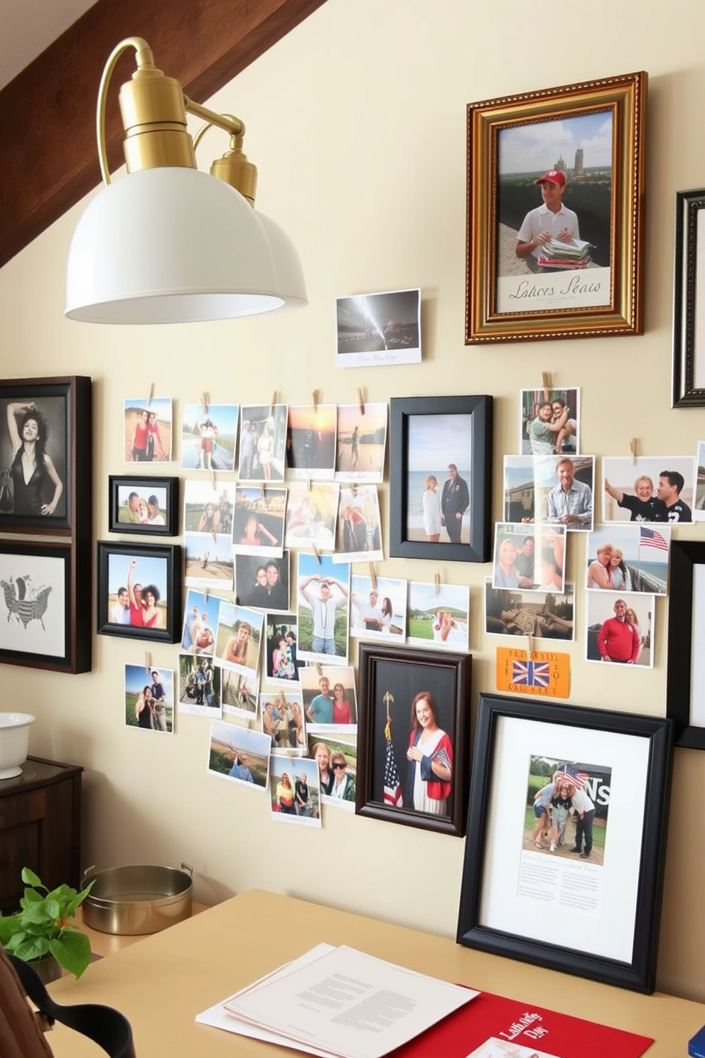 Create a cozy home office space featuring a photo wall filled with cherished memories from Labor Day celebrations. The wall is adorned with a mix of framed photographs and colorful postcards, creating a vibrant and personal atmosphere.