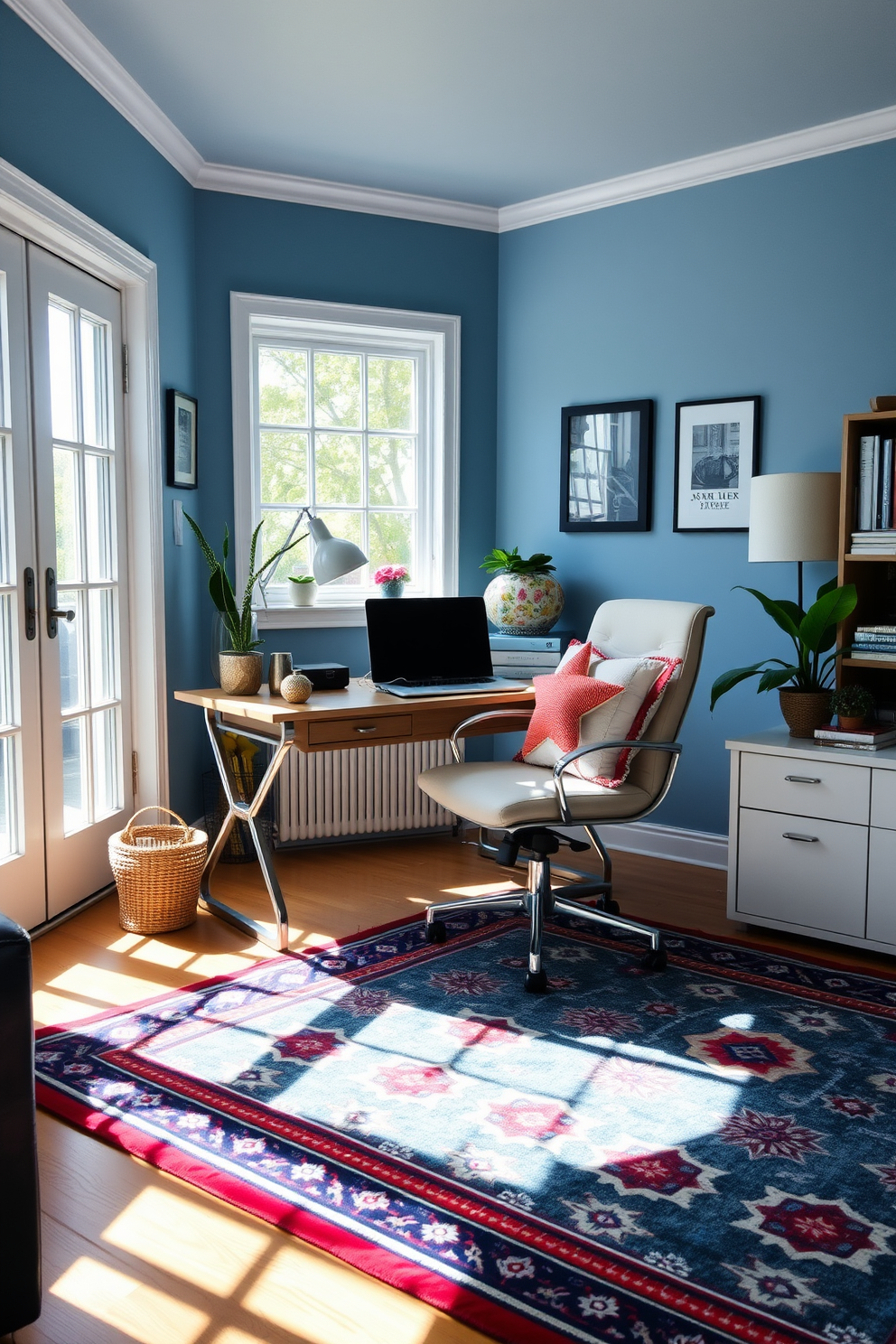 A cozy home office adorned with vintage Labor Day posters framed on the walls. The desk is made of reclaimed wood, paired with a comfortable leather chair, creating a nostalgic yet functional workspace.