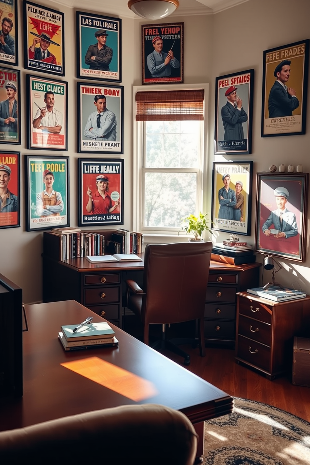 A cozy home office space featuring vintage labor posters as decor. The walls are adorned with framed posters celebrating various trades and professions, creating an inspiring atmosphere. A large wooden desk sits in the center, complemented by a comfortable leather chair. Natural light streams in through a window, highlighting a collection of books and a potted plant on the desk.