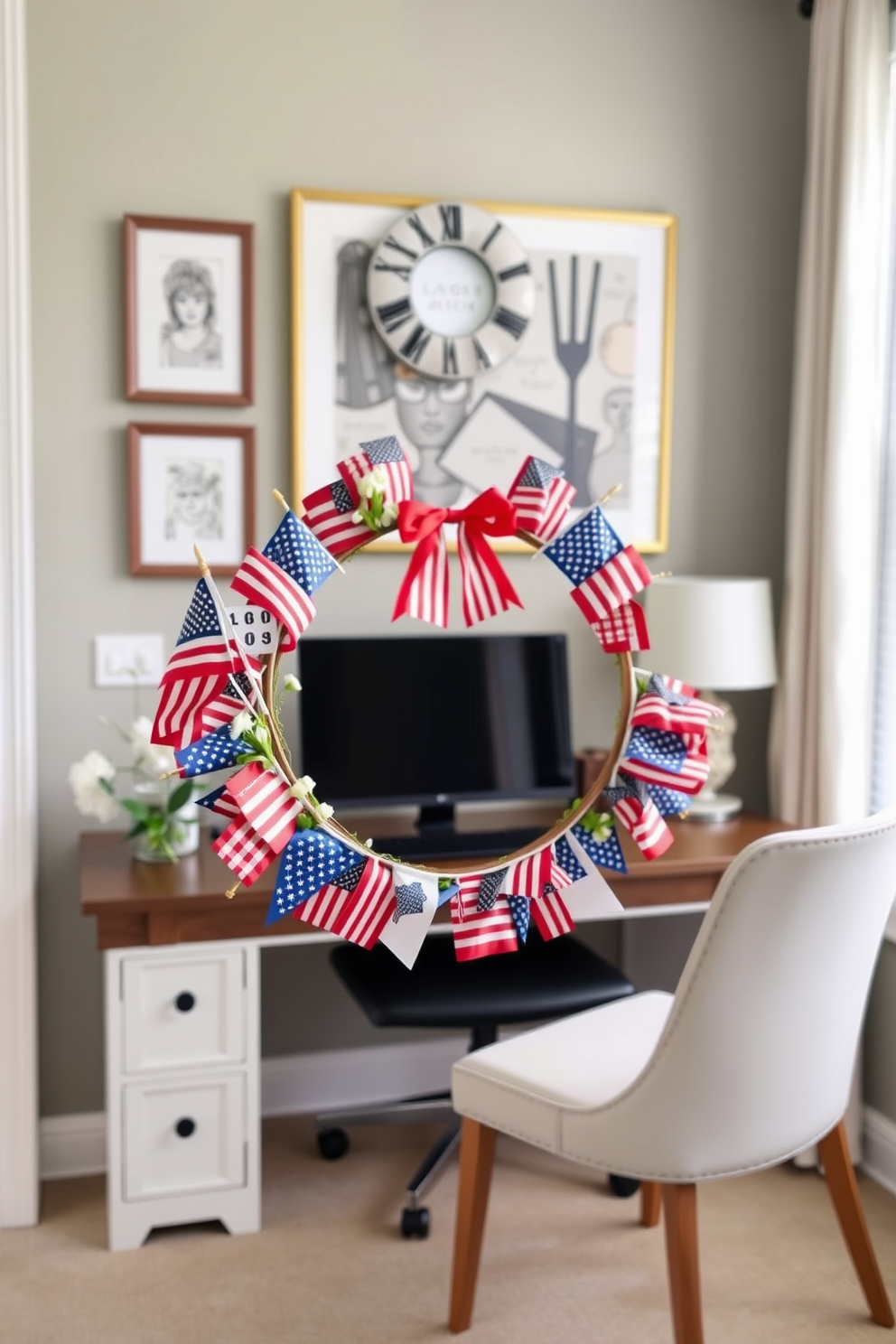 Create a DIY wreath using a variety of colorful mini flags that represent patriotic themes. The wreath should be adorned with seasonal elements like small flowers and greenery to enhance its festive appeal. Design a cozy home office space that incorporates Labor Day decor. Include a stylish desk, comfortable chair, and decorative elements such as framed artwork and themed accessories that celebrate the holiday.