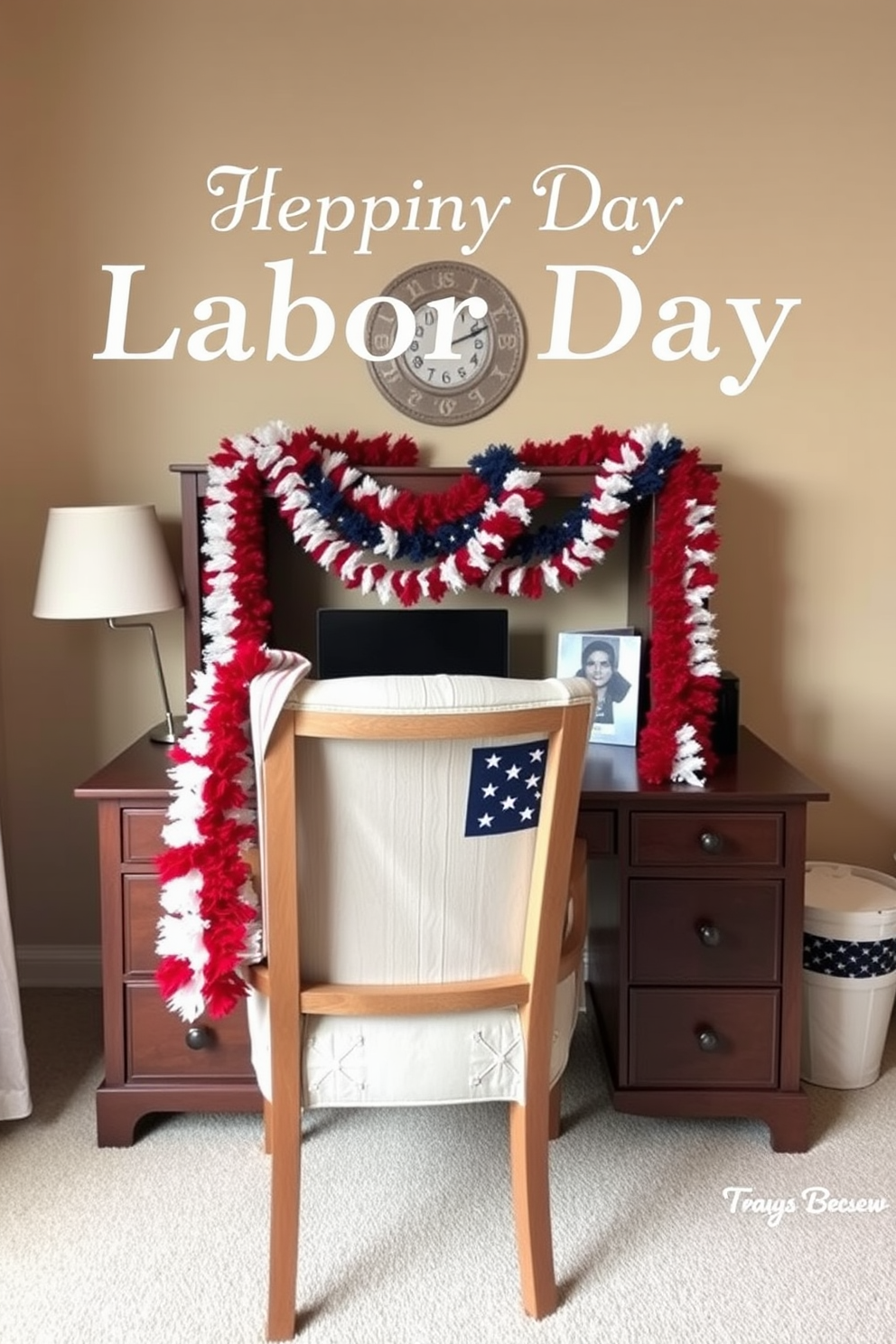 A cozy home office setting for Labor Day. The desk is adorned with patriotic garlands in red white and blue colors draping elegantly across the top. The walls are painted in a soft cream tone providing a warm backdrop. A comfortable chair with a subtle flag pattern sits invitingly in front of the desk.