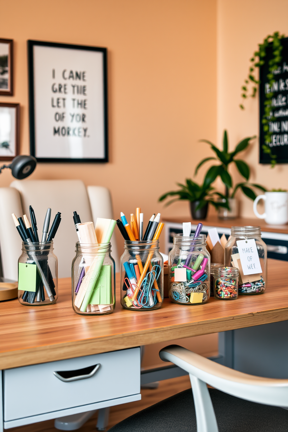 Create a cozy home office space featuring a stylish desk organized with mason jars in various sizes. The jars are filled with office supplies such as pens, paper clips, and sticky notes, adding a rustic charm to the workspace. Incorporate a comfortable chair and a warm color palette to enhance productivity. Decorate the walls with inspirational artwork and a few potted plants to bring life to the room.