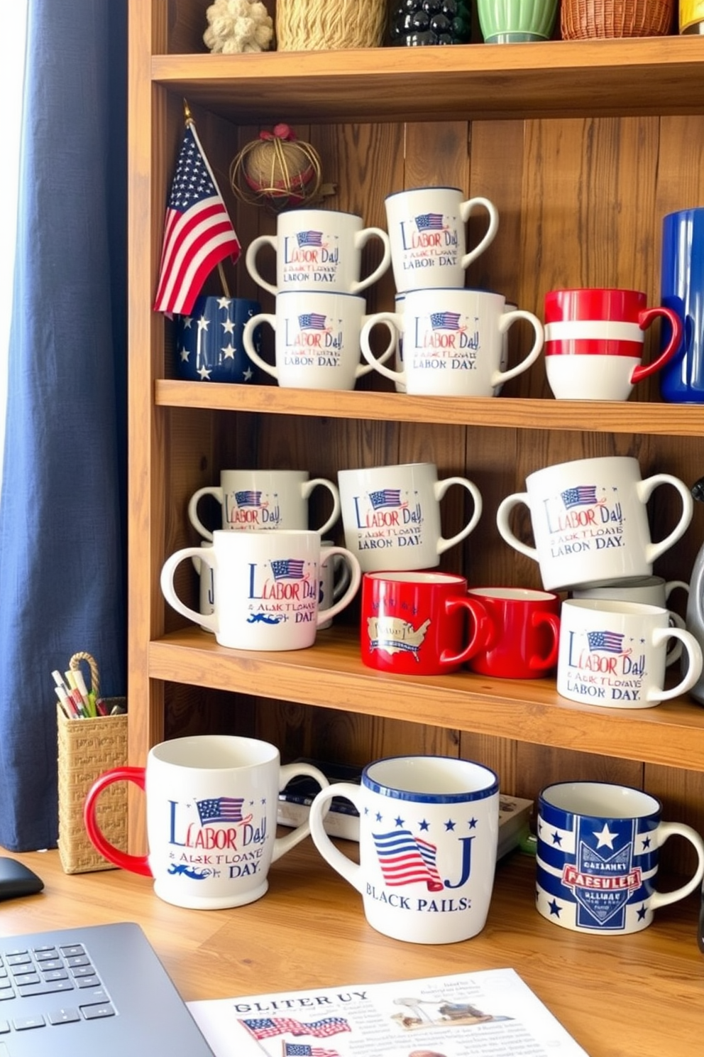 A cozy home office setting featuring a collection of patriotic mugs displayed on a rustic wooden shelf. The mugs are arranged by color and size, showcasing red, white, and blue designs that celebrate Labor Day.