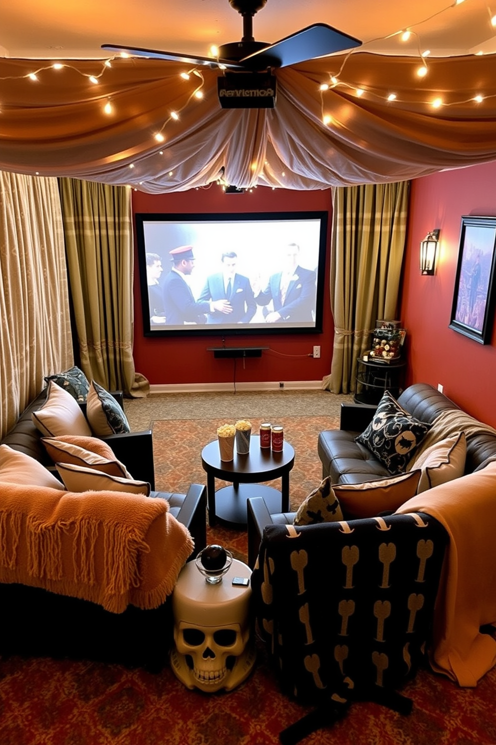 A cozy seating area features a large sectional sofa adorned with plush throw blankets in warm autumn colors. Soft ambient lighting creates an inviting atmosphere, perfect for relaxing and enjoying movie nights. The home theater is designed with comfortable recliners arranged for optimal viewing. Dark acoustic panels line the walls, and a large screen is framed by elegant drapery, enhancing the cinematic experience.