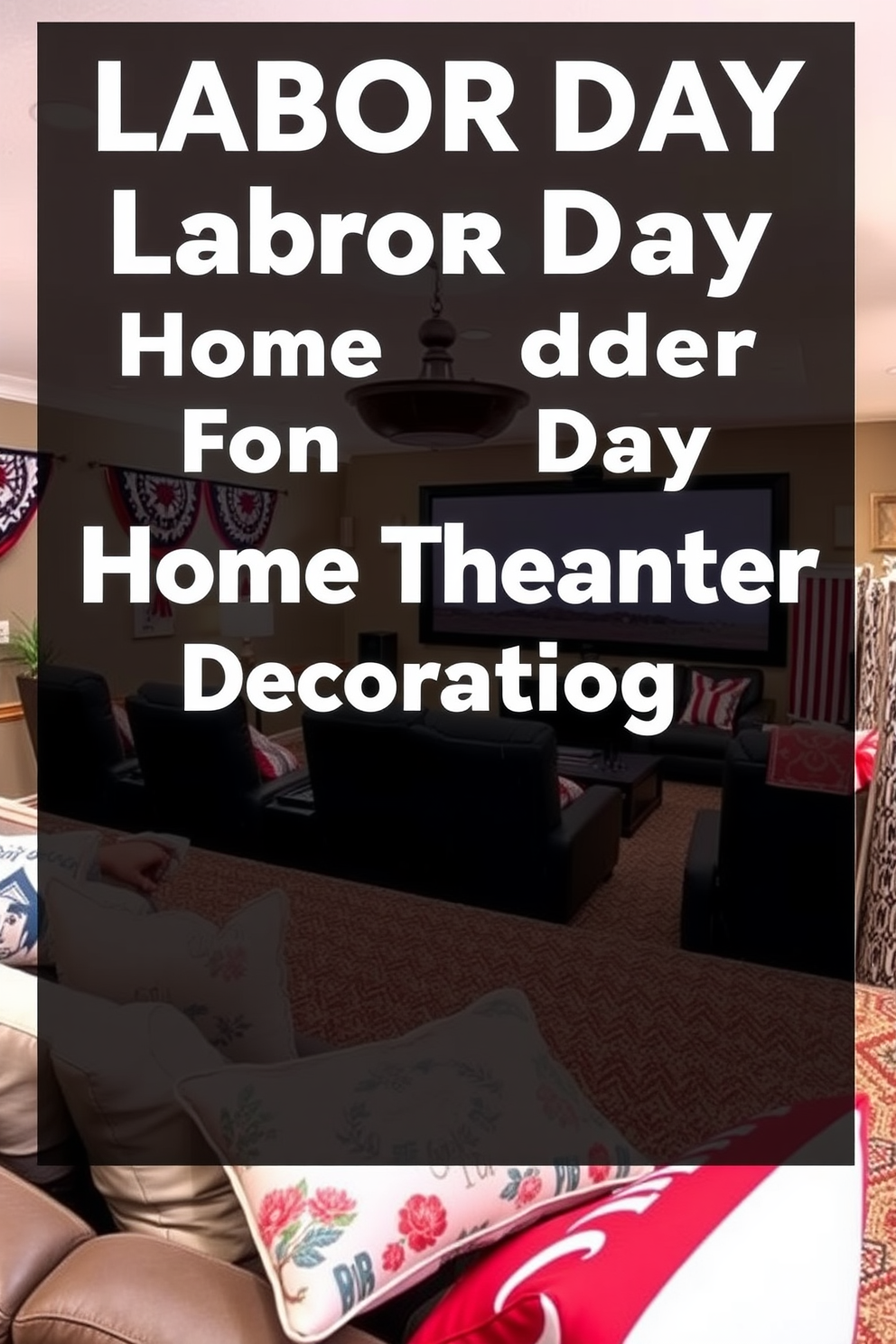 A cozy snack station featuring a variety of colorful candies displayed in glass jars. A selection of refreshing drinks is arranged on a wooden cart, complemented by stylish serving glasses and a cheerful tablecloth. A comfortable home theater designed for Labor Day celebrations with plush seating and ambient lighting. The walls are adorned with movie posters, and a popcorn machine sits in the corner, adding a fun touch to the entertainment space.