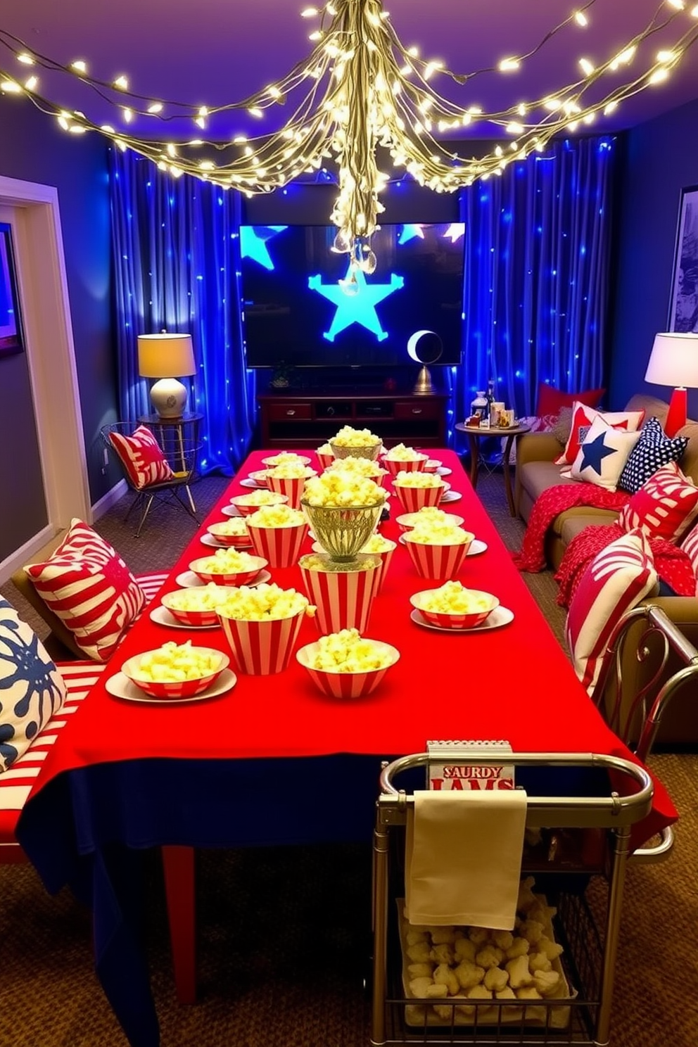 A vibrant festive table setting for a movie party features a long table adorned with a colorful tablecloth and an array of popcorn bowls in various sizes. Flickering fairy lights hang above, creating a cozy ambiance, while movie-themed centerpieces add a playful touch. For Labor Day home theater decorating ideas, the space is transformed with red, white, and blue accents throughout the room. Comfy seating is paired with patriotic throw pillows and blankets, while themed snacks are displayed on a stylish serving cart.