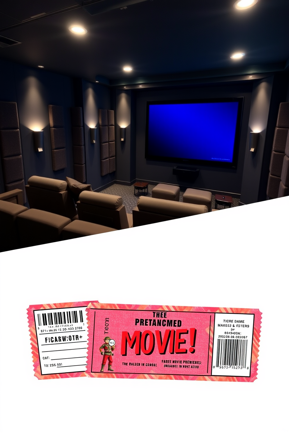 A personalized movie marquee displays the family names illuminated in warm lights, creating a welcoming atmosphere. The backdrop features plush seating arranged for optimal viewing, complemented by rich, dark colors and soundproofing panels for an immersive experience. Labor Day home theater decorating ideas include festive accents like themed cushions and popcorn bowls. String lights add a cozy touch, while a large screen is framed with decorative elements that celebrate the holiday spirit.