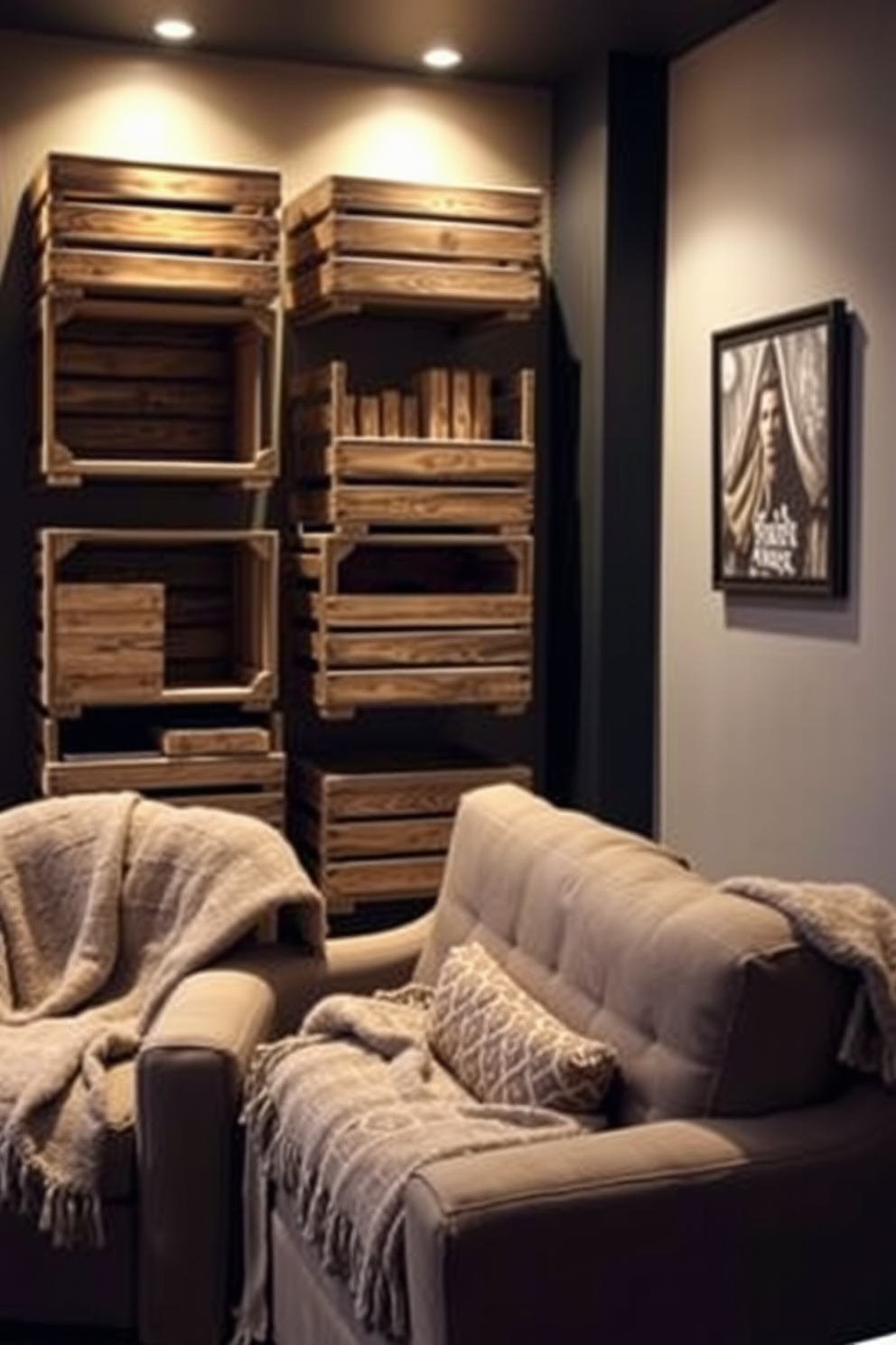 A cozy home theater featuring rustic wooden crates for storage. The crates are stacked creatively against the wall, providing both functionality and a charming aesthetic. Soft lighting illuminates the space, enhancing the warmth of the wooden elements. Plush seating is arranged for comfort, with cozy blankets draped over the chairs for a welcoming touch.