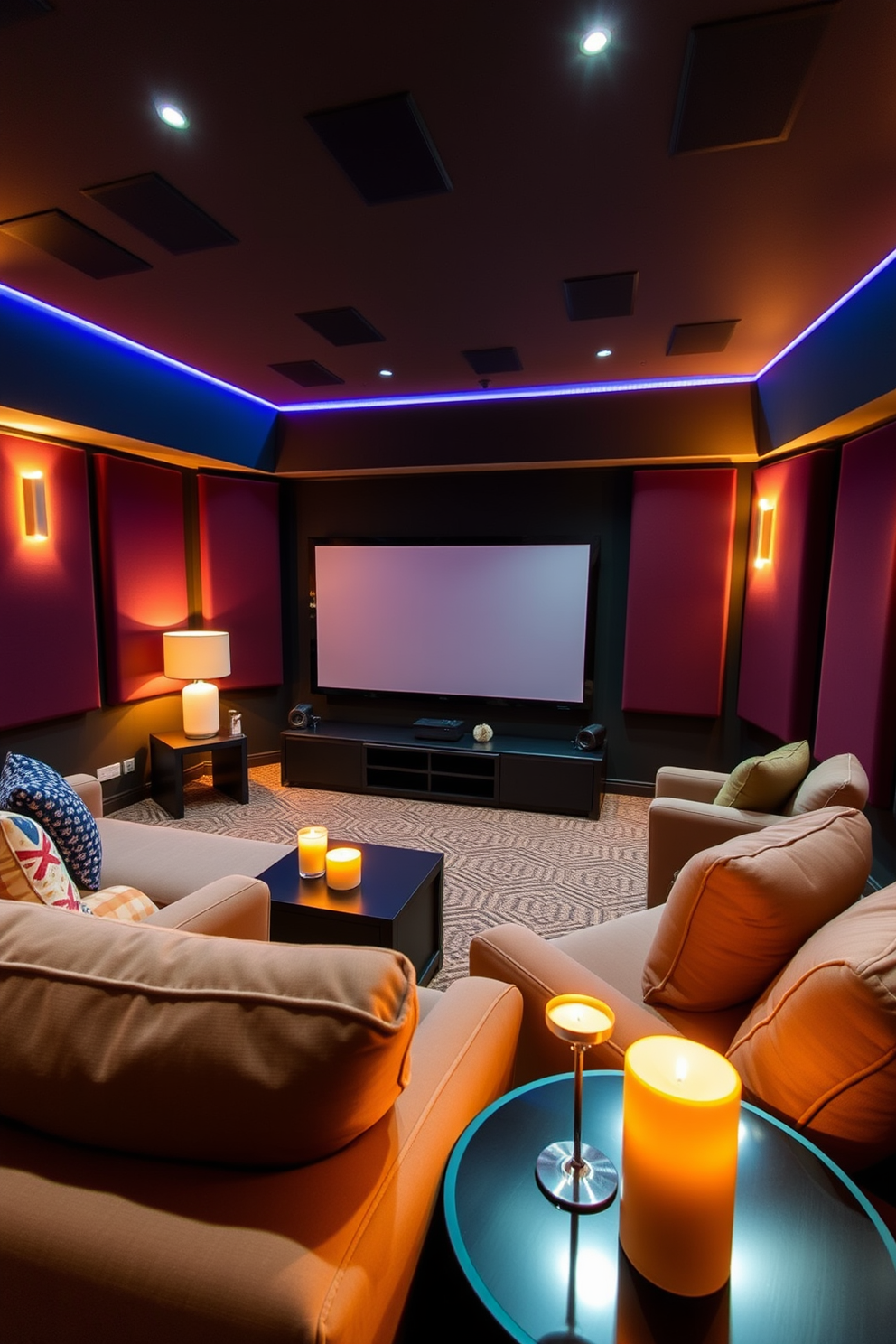 A cozy home theater setting designed for Labor Day celebrations. Plush seating is arranged in a semi-circle facing a large screen, with soft ambient lighting creating a warm atmosphere. Scented candles are strategically placed on side tables, filling the room with inviting fragrances. The walls are adorned with acoustic panels in deep hues, enhancing both comfort and sound quality.