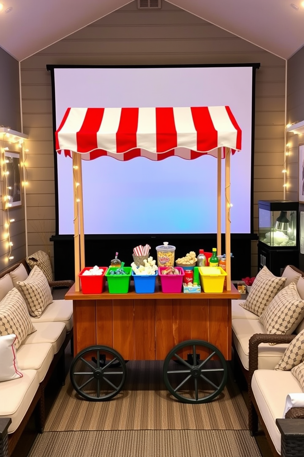 A cozy home theater setting featuring wall-mounted shelves filled with an extensive collection of movies. The shelves are made of dark wood and are illuminated by soft LED strip lights, creating an inviting atmosphere. Plush seating is arranged in a semi-circle facing a large screen, with a popcorn machine in the corner for a classic movie experience. The walls are painted a deep navy blue, enhancing the cinematic feel, while acoustic panels are strategically placed for optimal sound quality.