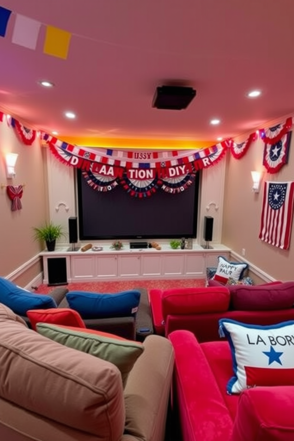 A vibrant home theater adorned with colorful bunting creates a festive atmosphere. Plush seating in rich colors complements the cheerful decorations, while ambient lighting enhances the cinematic experience. For Labor Day, the home theater is decorated with red, white, and blue accents. A large screen is framed with festive garlands, and themed cushions add a touch of holiday spirit.