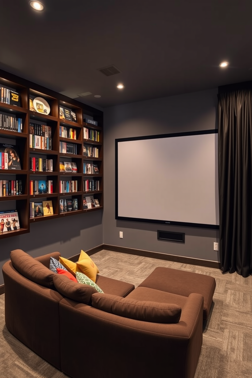 A cozy home theater featuring wall-mounted shelves filled with an extensive collection of movies. The shelves are made of dark wood, contrasting beautifully with the soft gray walls and ambient lighting that creates a warm atmosphere. In the center of the room, a plush sectional sofa invites relaxation, adorned with colorful throw pillows for added comfort. A large screen is mounted on the opposite wall, framed by elegant blackout curtains that enhance the cinematic experience.