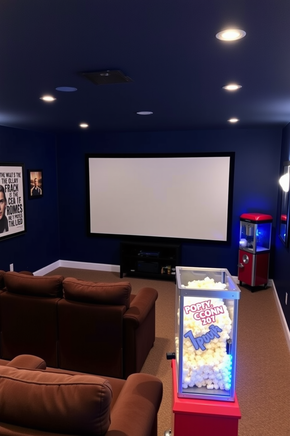 A cozy home theater space featuring framed quotes from favorite films. The walls are painted in a deep navy blue, and plush seating is arranged in a semi-circle facing a large screen. The decor includes vintage movie posters and soft LED lighting that highlights the framed quotes. A popcorn machine sits in the corner, adding a nostalgic touch to the inviting atmosphere.