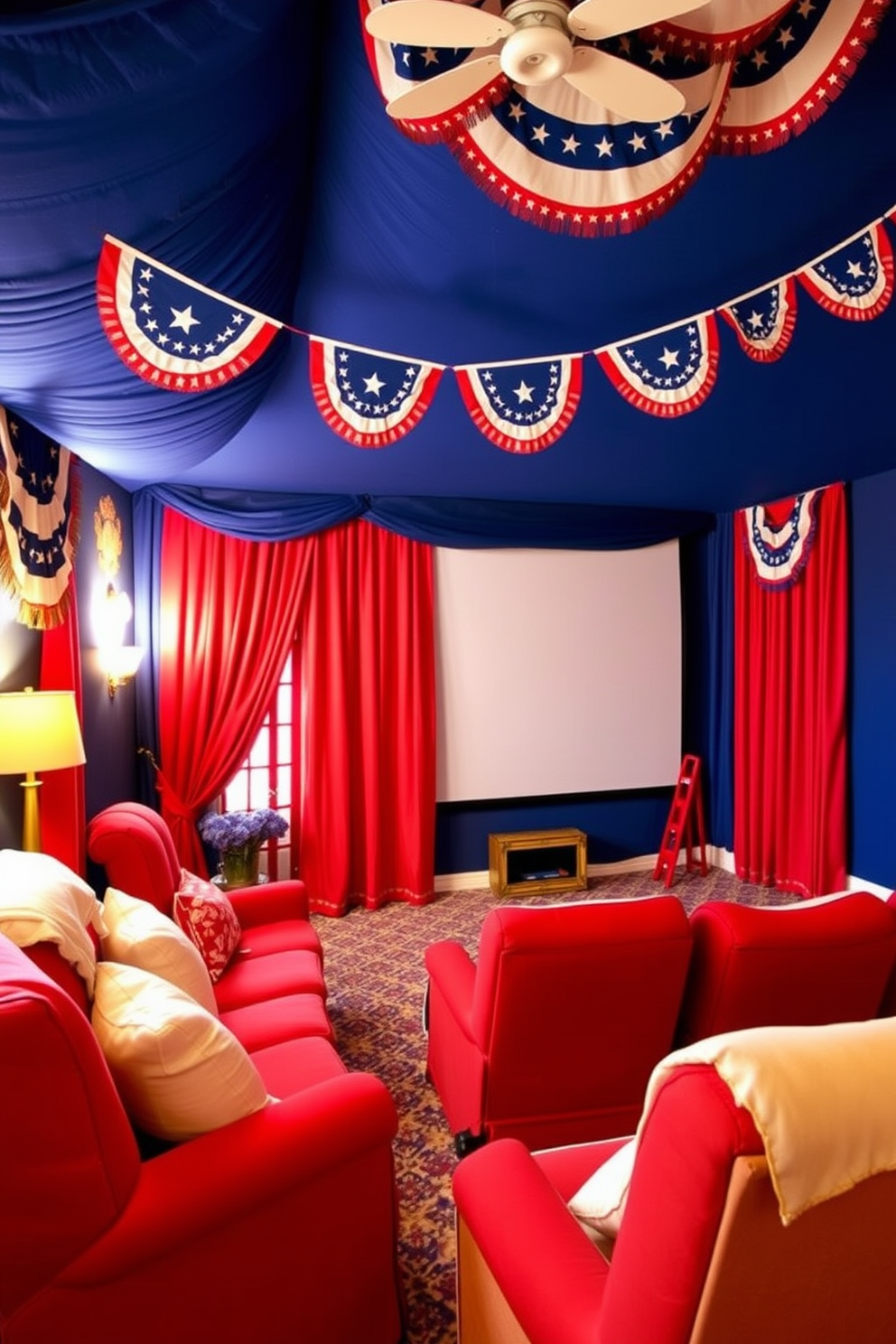 A cozy home theater adorned with patriotic red white and blue decor. The walls are draped in deep blue fabric, while plush red and white seating creates a welcoming atmosphere. Star-spangled banners hang from the ceiling, adding a festive touch to the space. A large screen is framed with red and white striped curtains, enhancing the cinematic experience.