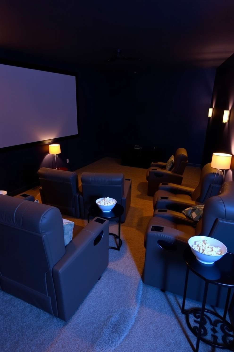 A cozy home theater setting designed for relaxation and entertainment. The room features plush reclining seats arranged in a semi-circle facing a large screen, with mood lighting provided by dimmable lamps positioned strategically around the space. The walls are painted in a deep navy blue, creating an intimate atmosphere. A soft area rug covers the floor, and popcorn bowls are placed on small side tables next to each seat.