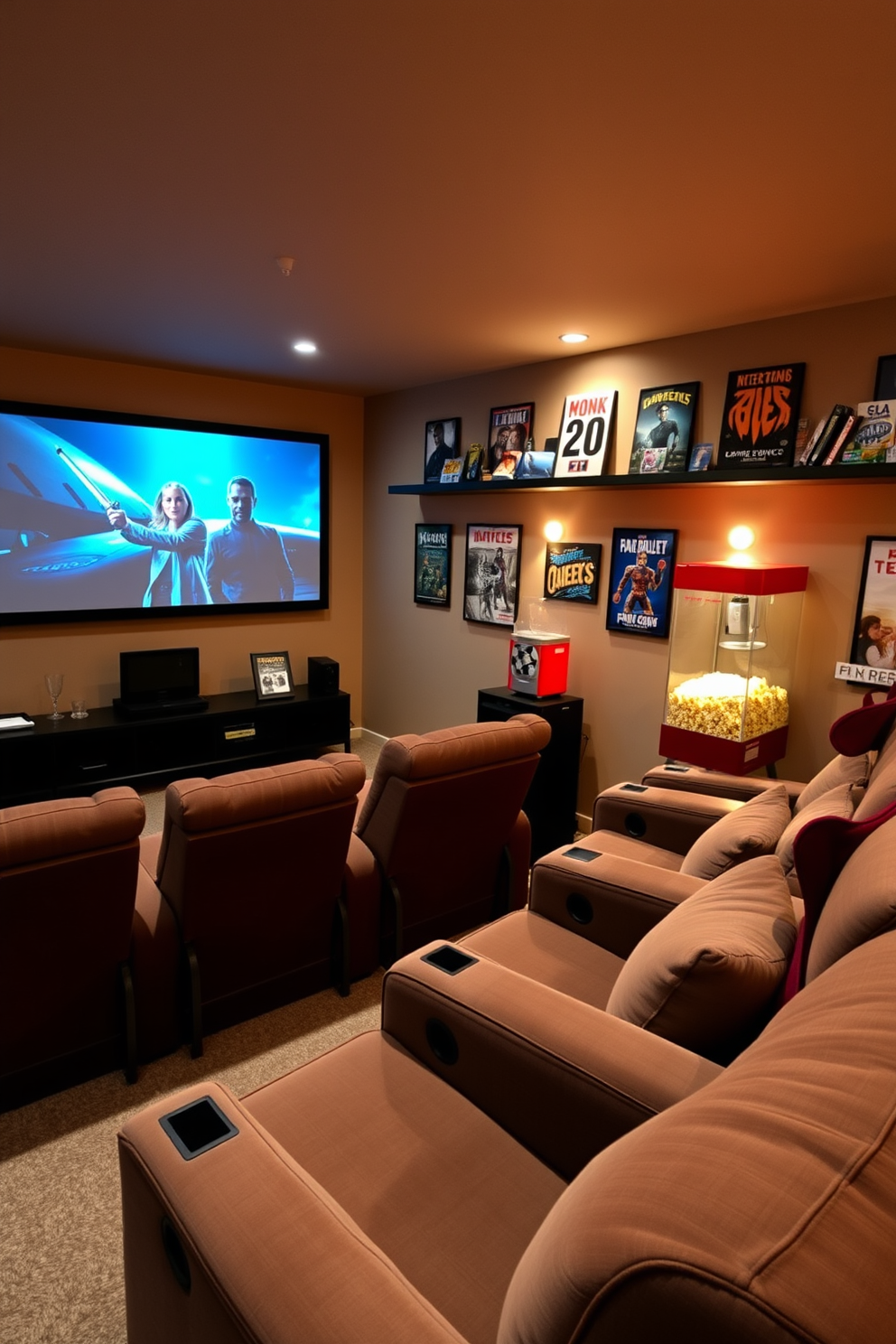 Create a cozy home theater setting adorned with themed throw pillows featuring iconic movie characters. The plush seating is arranged for optimal viewing, with dimmed lighting enhancing the cinematic atmosphere.