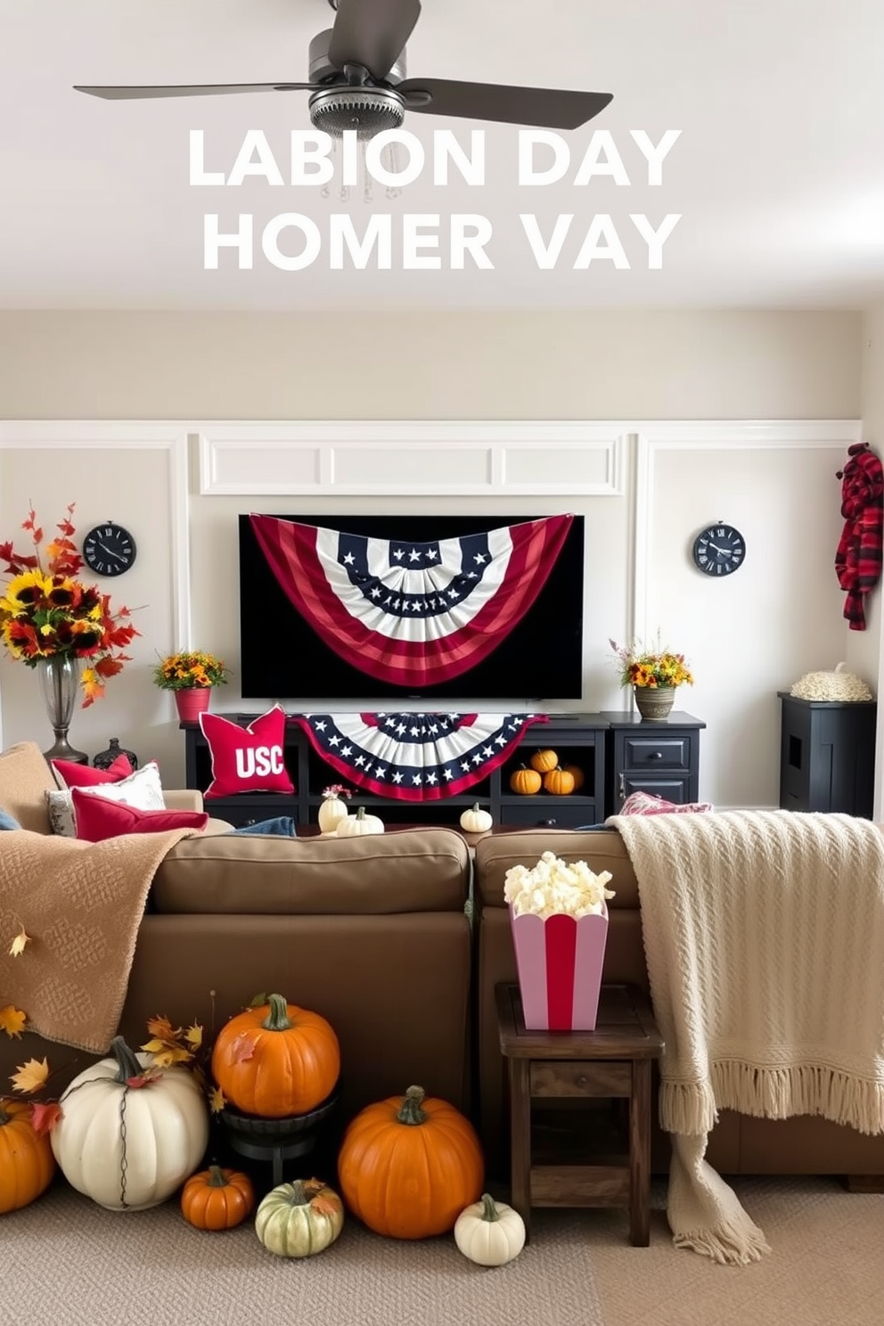 A charming DIY concession stand for snacks and drinks. The stand features a rustic wooden counter with a bright red and white striped canopy overhead. Labor Day home theater decorating ideas include cozy seating arrangements and festive decor. String lights and themed cushions create a welcoming atmosphere for movie nights.