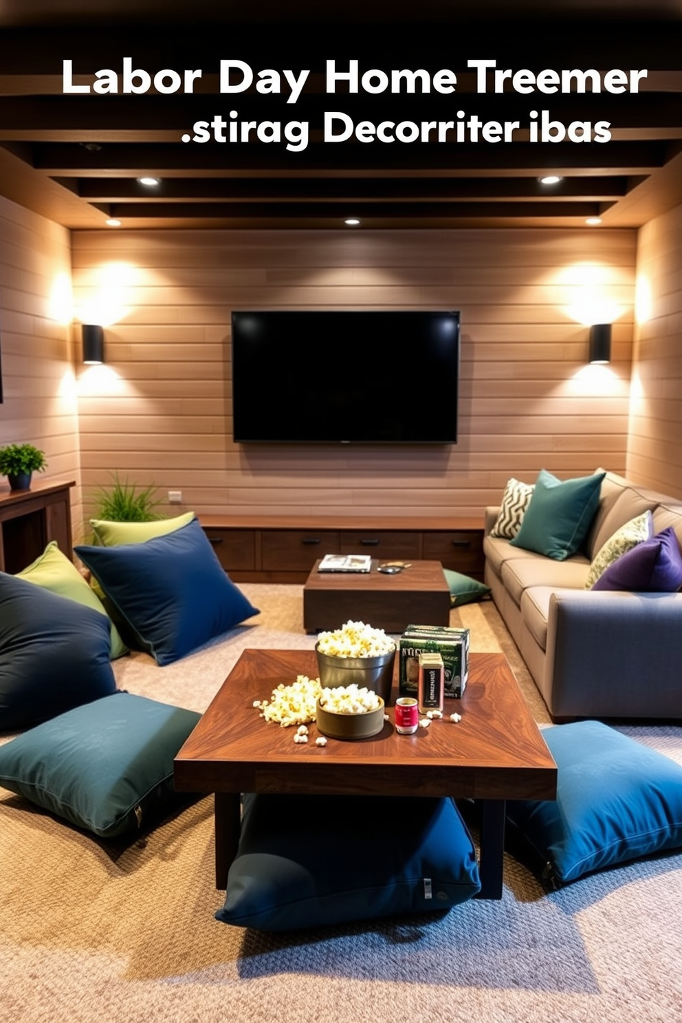 A vibrant home theater space featuring colorful rugs that define the seating area. The walls are painted a deep navy blue, and plush seating is arranged for optimal viewing comfort. Accent lighting creates a cozy atmosphere, highlighting the unique patterns of the rugs. Movie posters adorn the walls, adding a personal touch to the entertainment experience.