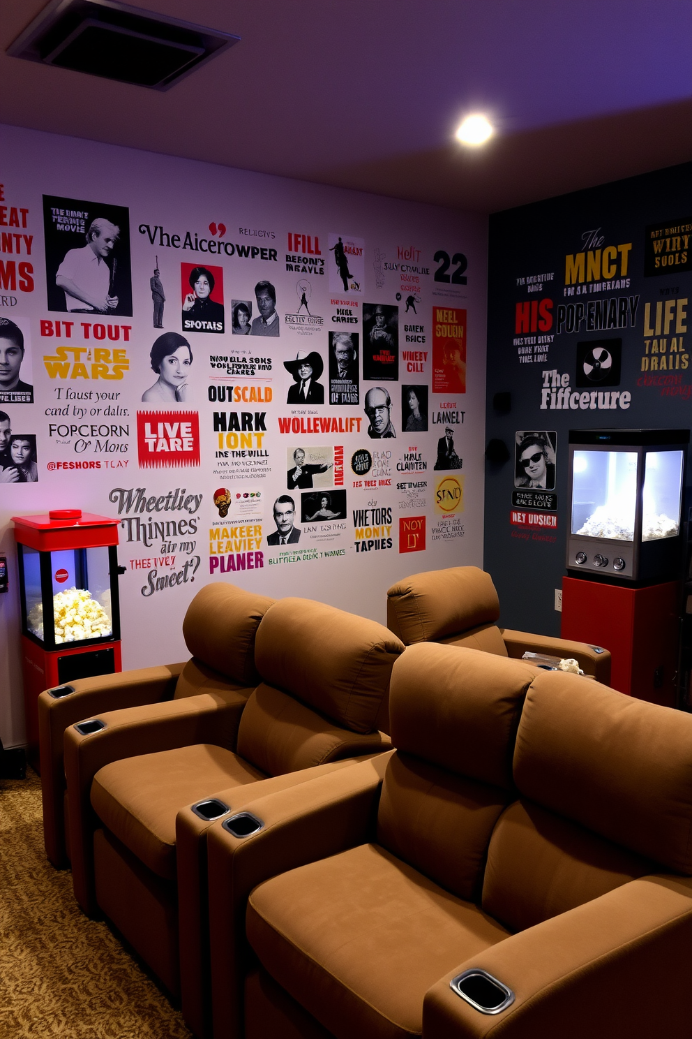 Create a cozy home theater setting featuring wall decals of favorite movie characters. The room is designed with plush seating, a large screen, and ambient lighting that enhances the cinematic experience.