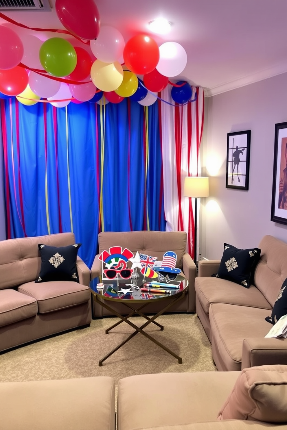 A creative photo booth area for guests features a vibrant backdrop adorned with colorful balloons and streamers. A stylish table is set in front, displaying fun props like oversized sunglasses and hats for guests to enjoy. Labor Day home theater decorating ideas include plush seating arranged for optimal viewing comfort. The walls are decorated with patriotic-themed artwork, and soft lighting creates a cozy atmosphere for movie nights.