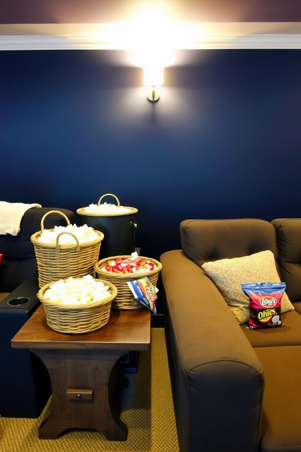 A cozy home theater setting designed for easy access to snacks. Multiple woven baskets filled with popcorn, candy, and chips are strategically placed on a rustic wooden table next to plush seating. The walls are painted in a deep navy blue to create a cinematic atmosphere. Soft ambient lighting highlights the snack area, making it inviting for movie nights.