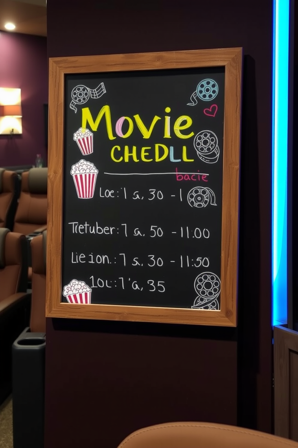 Chalkboard sign for movie schedule. The sign features a rustic wooden frame and is adorned with colorful chalk drawings of popcorn and film reels. Labor Day Home Theater Decorating Ideas. The theater room is designed with plush reclining seats and soft ambient lighting, creating a cozy atmosphere for movie nights.