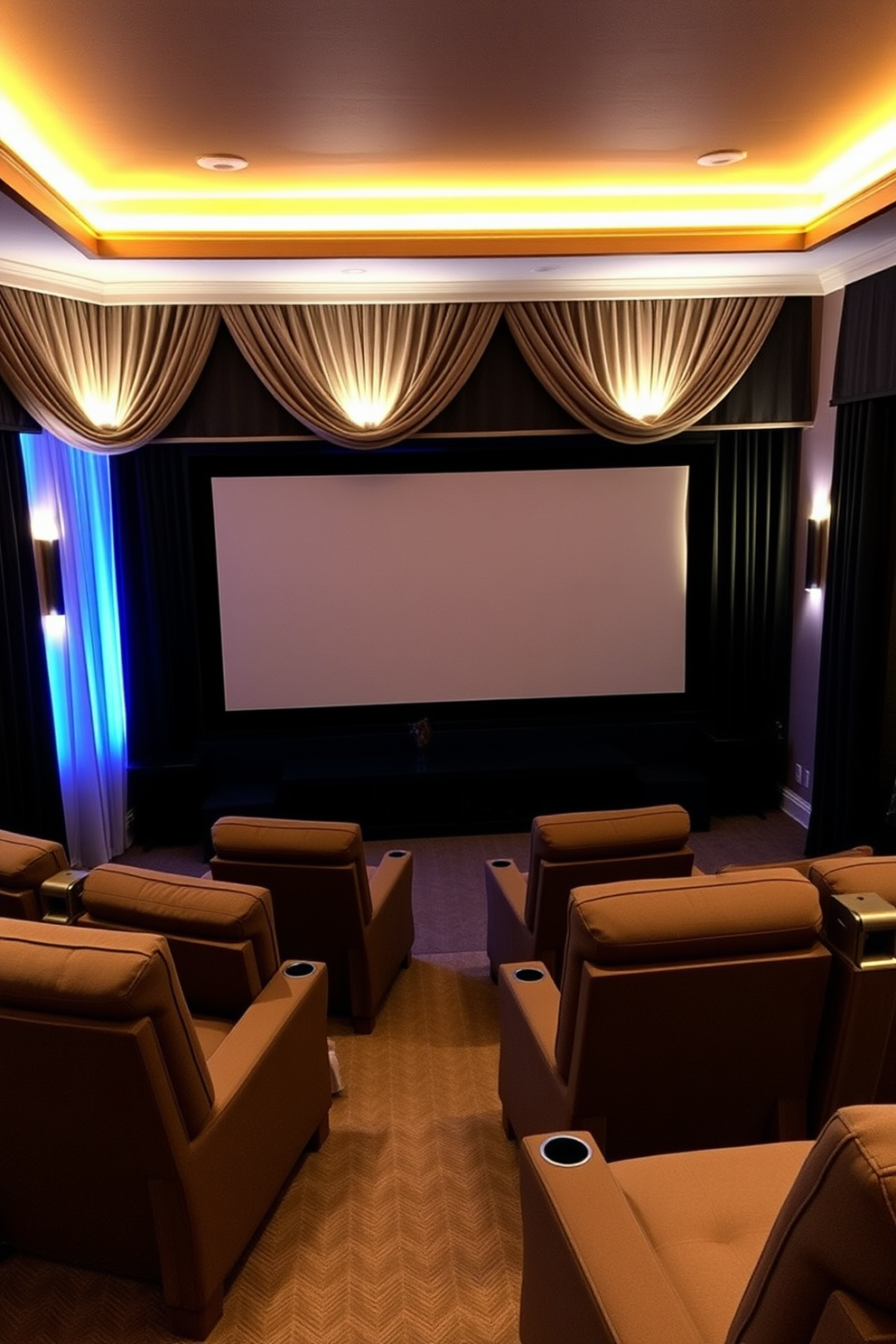 A cozy home theater space designed for optimal acoustics. The room features soundproof curtains that elegantly frame the windows, enhancing both the aesthetics and functionality of the space. The seating arrangement includes plush recliners arranged in a semi-circle around a large screen. Accent lighting is strategically placed to create a warm and inviting atmosphere for movie nights.