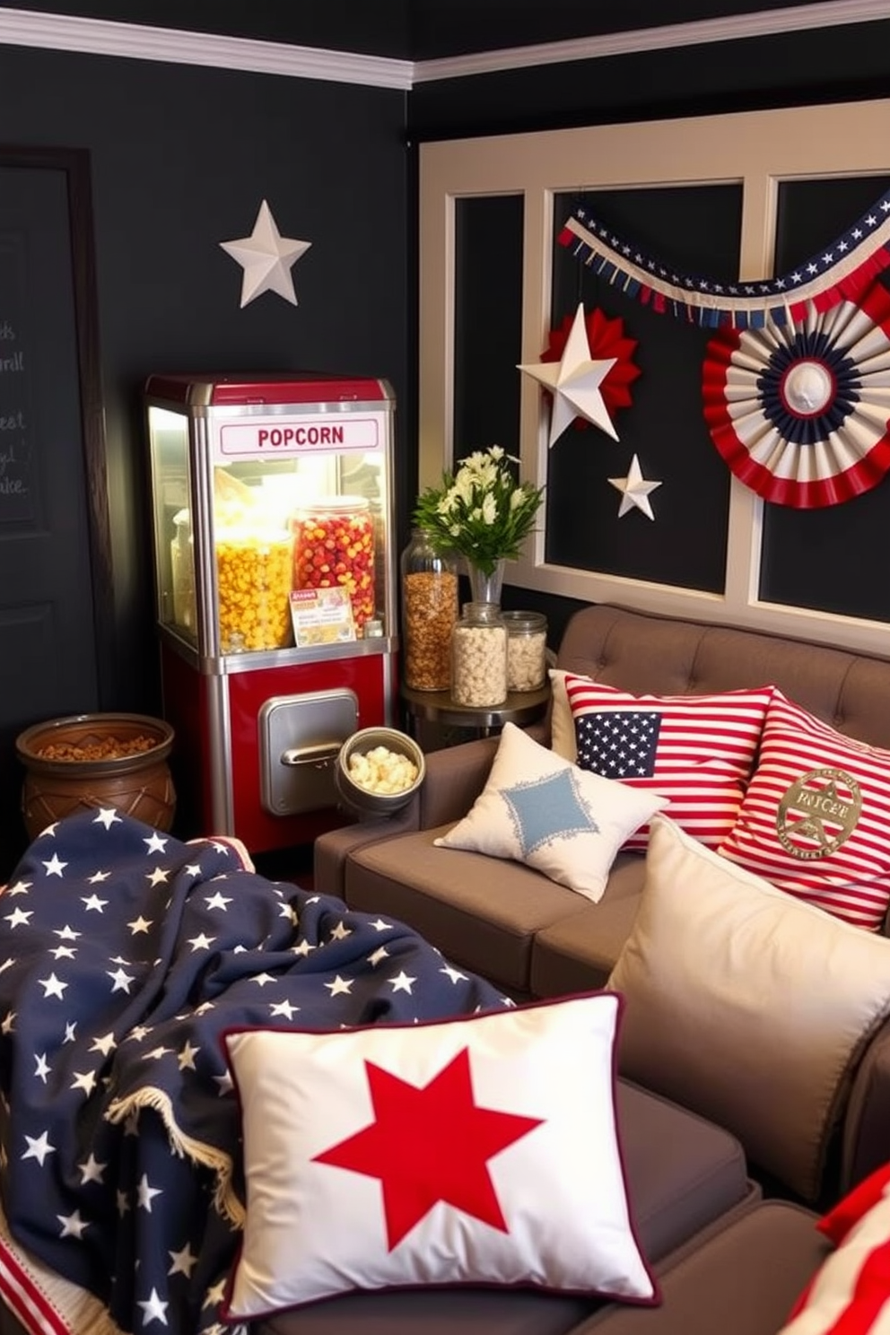 A charming DIY popcorn station is set up with a variety of colorful toppings displayed in clear jars. The station features a vintage popcorn machine and cozy seating nearby for an inviting movie night atmosphere. For Labor Day, the home theater is adorned with red, white, and blue decorations to celebrate the holiday. Comfortable blankets and themed cushions are arranged for guests to enjoy while watching their favorite films.