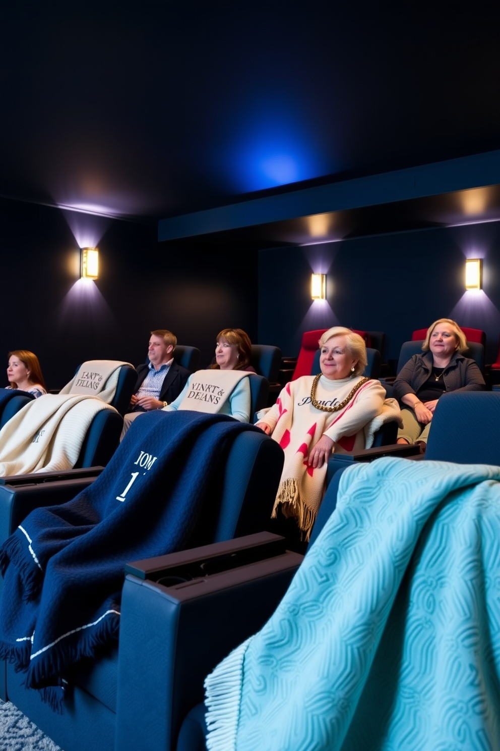 A cozy home theater designed for a Labor Day gathering. Each guest has a personalized blanket draped over their seat, featuring unique colors and patterns that reflect their personalities. The walls are painted a deep navy blue, creating an intimate atmosphere. Soft ambient lighting is strategically placed to enhance the movie-watching experience while adding a touch of elegance.