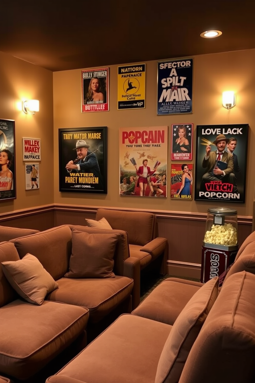 A cozy home theater adorned with vintage movie posters on the walls. Plush seating arranged for optimal viewing creates an inviting atmosphere for movie nights. Soft lighting fixtures provide a warm glow, enhancing the nostalgic ambiance. A vintage popcorn machine sits in the corner, adding a touch of charm and functionality to the space.