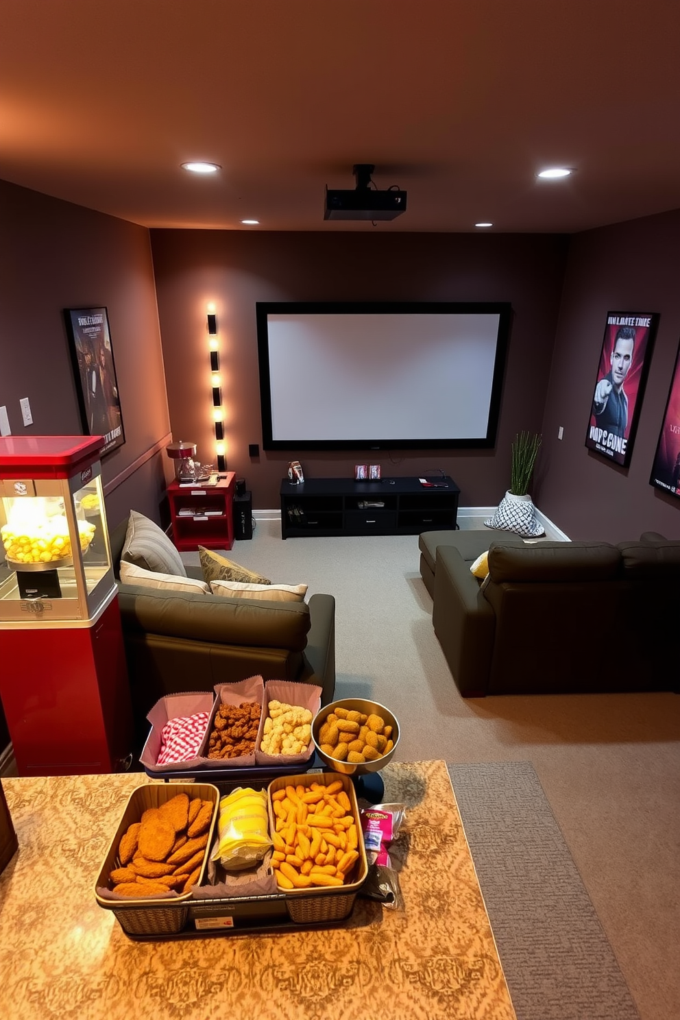 A cozy home theater setup designed for a themed movie night. The room features a large screen with plush seating arranged in a semicircle, complemented by soft ambient lighting. Decorative elements include movie posters on the walls and a popcorn machine in the corner. A snack bar with matching themed snacks is set up nearby, offering a selection of treats that enhance the cinematic experience.