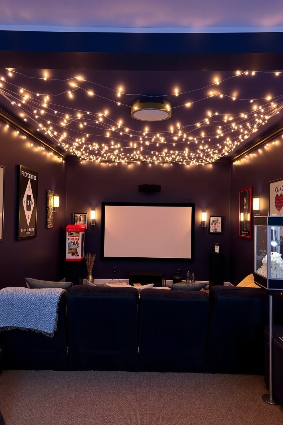 A cozy home theater setting adorned with soft fairy lights that create a warm and inviting atmosphere. The walls are painted a deep navy blue, while plush seating is arranged for optimal viewing comfort, complemented by a large screen at the front. Decorative accents include themed movie posters framed on the walls and a stylish popcorn machine in the corner. The lighting is dimmed to enhance the cinematic experience, with fairy lights twinkling above to add a touch of magic.