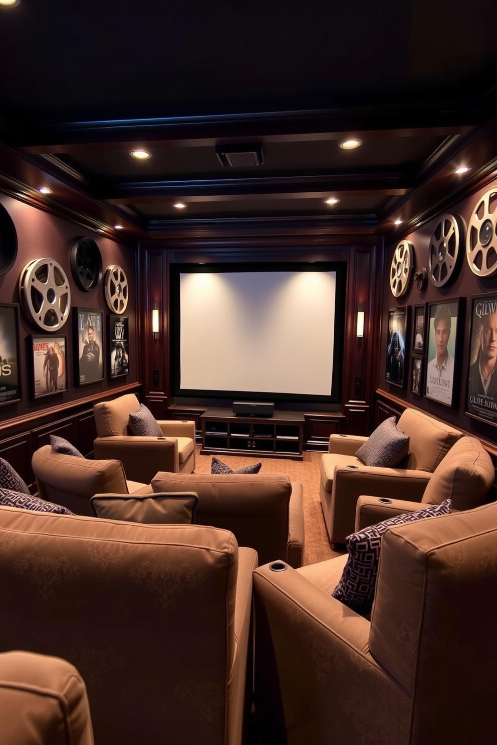 Classic film reel decorations adorn the walls of a cozy home theater. Plush seating arranged in a semi-circle faces a large screen, creating an inviting atmosphere for movie nights. Rich, dark wood accents complement the vintage film reels, adding a touch of elegance to the space. Soft, ambient lighting enhances the cinematic experience, while framed movie posters line the walls, celebrating classic films.