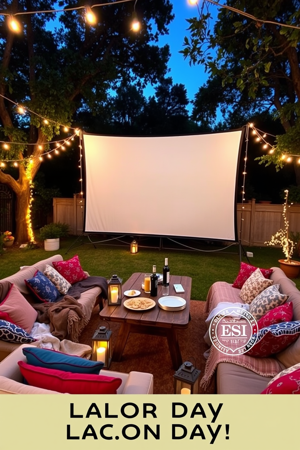 An inviting outdoor movie setup features a large white projector screen framed by string lights hanging from nearby trees. Comfortable seating is arranged with plush blankets and colorful cushions, creating a cozy atmosphere for friends and family to enjoy a film under the stars. The decor includes a rustic wooden table adorned with snacks and drinks, while lanterns provide soft lighting around the seating area. Potted plants and fairy lights enhance the ambiance, making it a perfect Labor Day gathering spot for entertainment and relaxation.