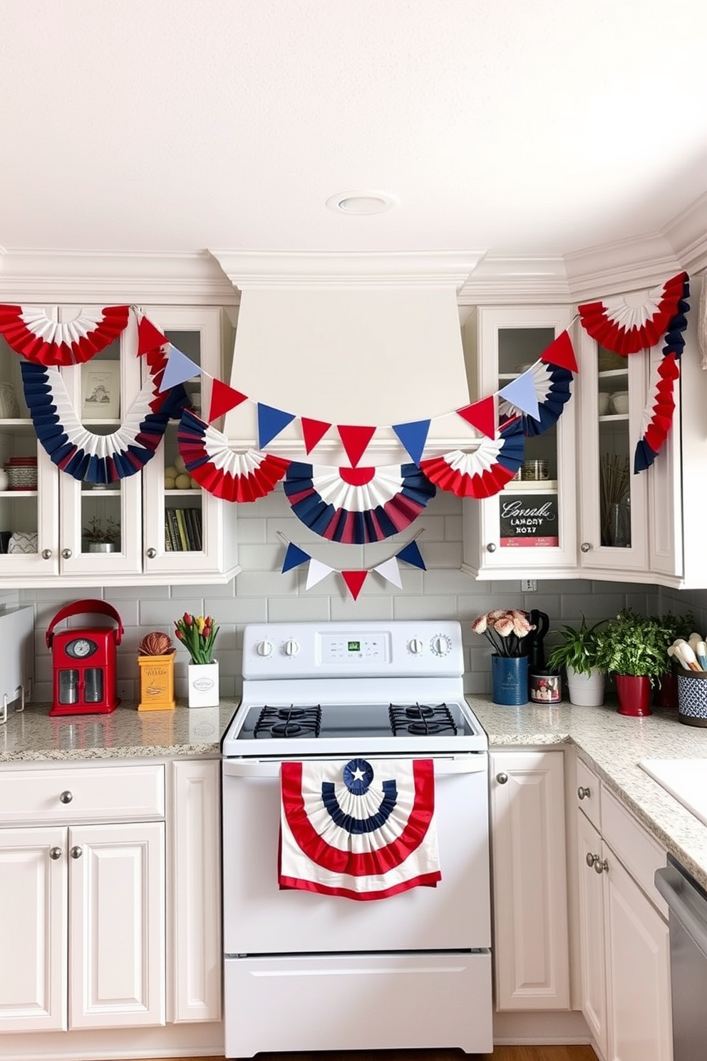 A vibrant kitchen adorned with festive tri-colored banners draped elegantly across the cabinets. The space is filled with cheerful decorations that celebrate Labor Day, featuring a mix of red, white, and blue accents throughout the room.