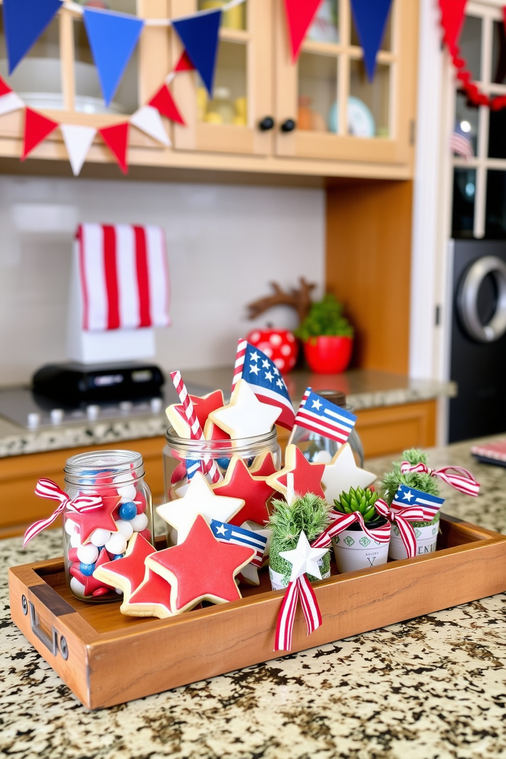 A charming Labor Day themed cookie jar display. The jars are filled with red white and blue cookies shaped like stars and flags arranged on a rustic wooden tray. Festive Labor Day kitchen decorating ideas. Brightly colored bunting hangs from the cabinets while small potted plants with patriotic ribbons adorn the countertops.