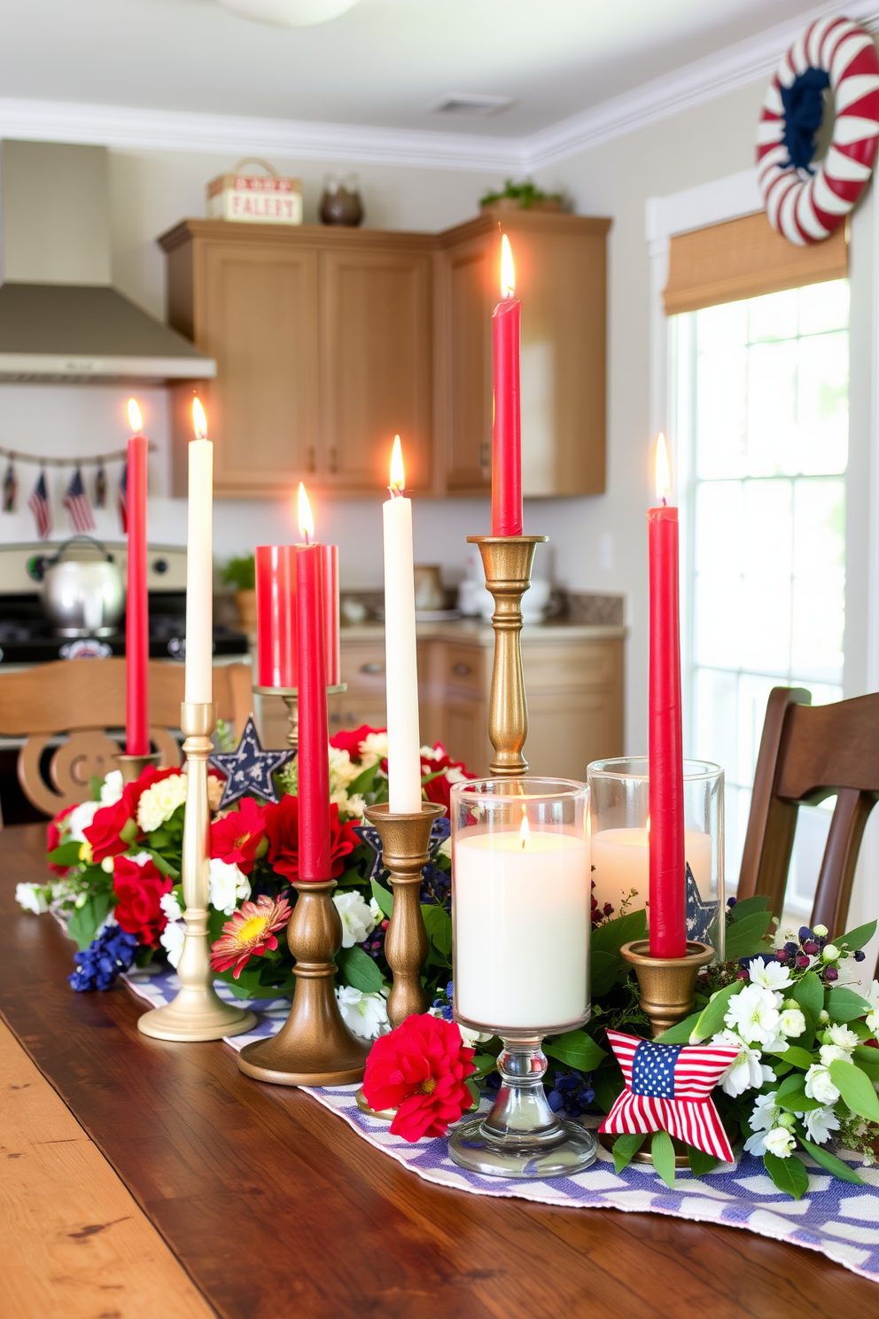 Cozy breakfast nook with soft cushions surrounding a round wooden table. Large windows let in natural light, and a small vase with fresh flowers sits at the center of the table. Labor Day kitchen decorating ideas featuring patriotic colors and seasonal decor. A rustic wooden shelf displays red, white, and blue accents, creating a festive atmosphere.