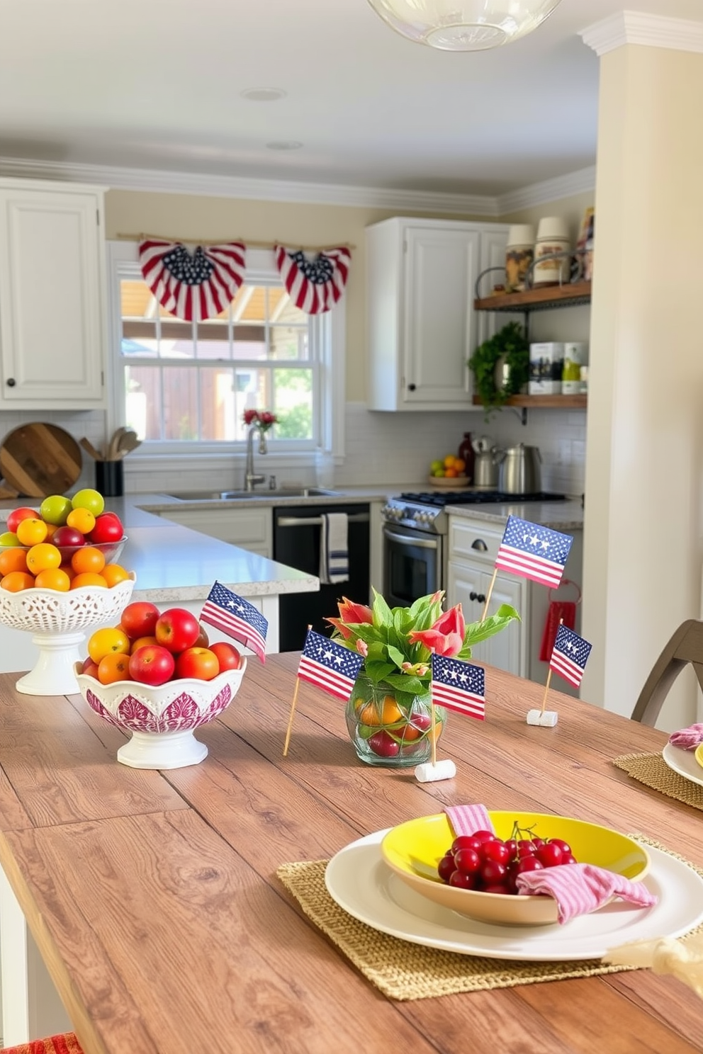 Decorative canisters for pantry storage. The canisters are made of glass with wooden lids and feature elegant labels for easy identification of contents. Labor Day kitchen decorating ideas. The kitchen is adorned with seasonal decor, including a rustic table centerpiece featuring fresh flowers and small American flags.