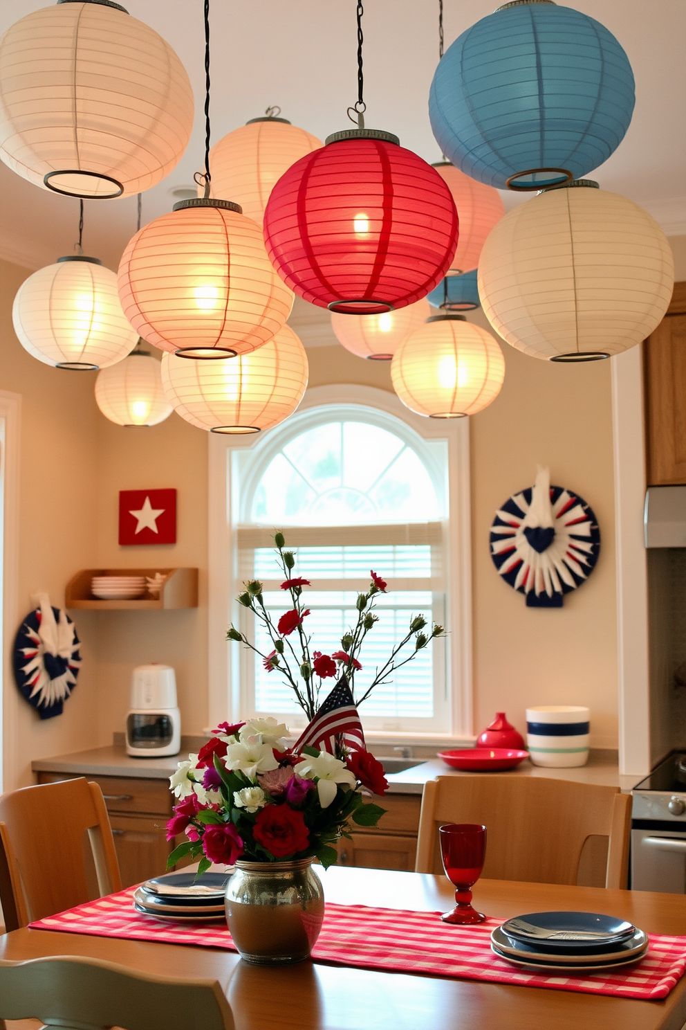 A vibrant kitchen filled with lively potted plants brings a refreshing touch to the space. The plants are strategically placed on countertops and window sills, adding a burst of greenery to the Labor Day decor. The kitchen features a warm color palette with rustic wooden cabinets and a large farmhouse sink. Festive Labor Day decorations, such as red, white, and blue table linens, complement the natural elements of the plants.