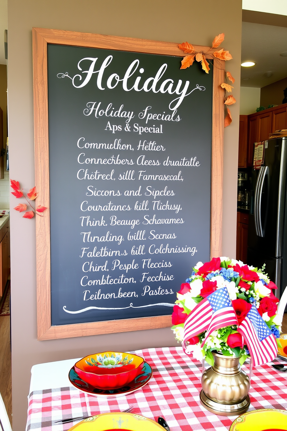 Chalkboard menu displaying a variety of holiday specials written in elegant white cursive lettering. The menu is framed with rustic wood and surrounded by seasonal decorations like small pumpkins and autumn leaves. Labor Day kitchen decorated with red, white, and blue accents. A festive table setting includes a checkered tablecloth, colorful dishes, and a centerpiece of fresh flowers in patriotic colors.