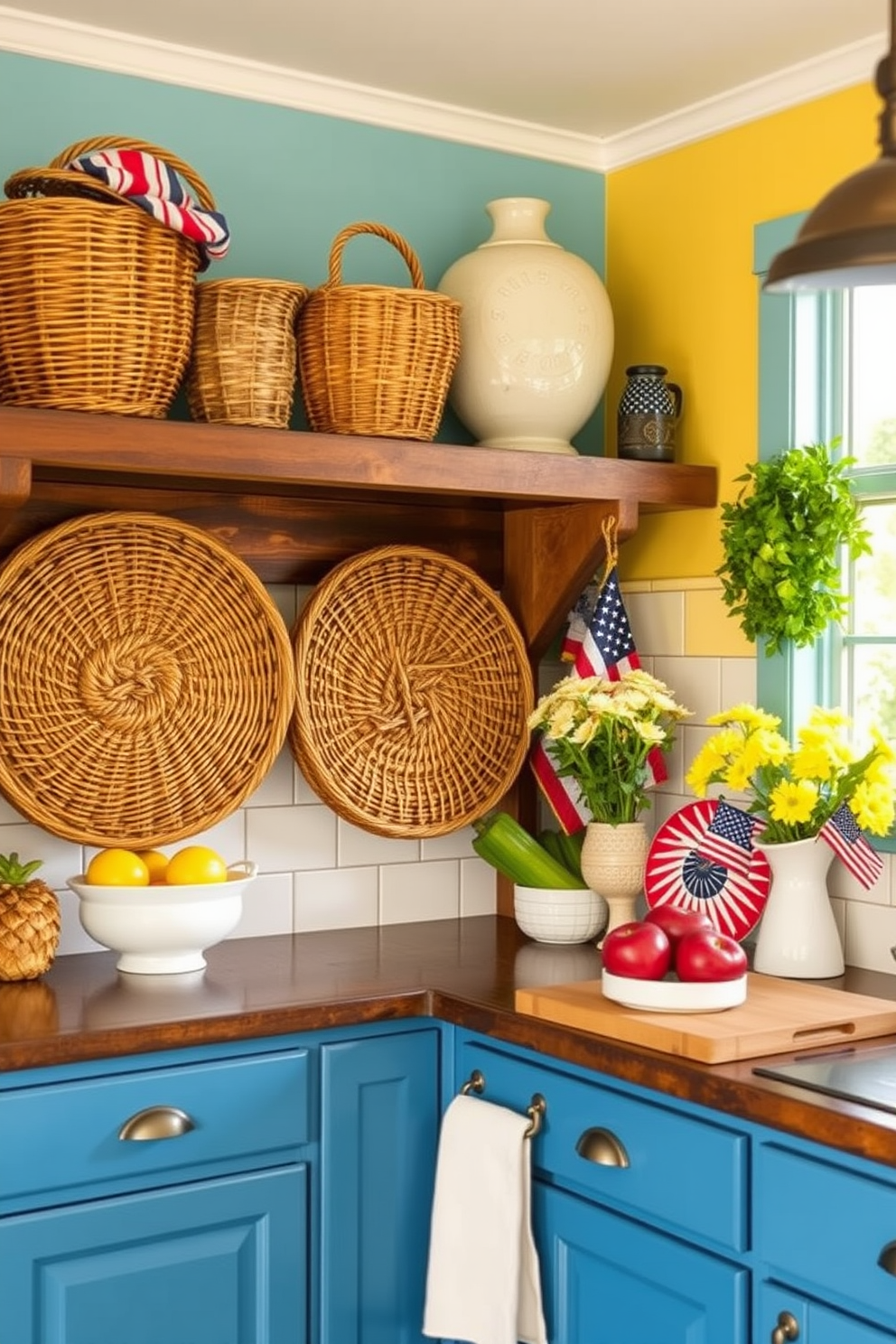 A cozy kitchen adorned with woven baskets for seasonal produce storage. The baskets are arranged on a rustic wooden shelf, adding a touch of warmth and texture to the space. The kitchen features a vibrant color palette with rich blues and sunny yellows. Decorative elements inspired by Labor Day, such as red, white, and blue accents, enhance the festive atmosphere.