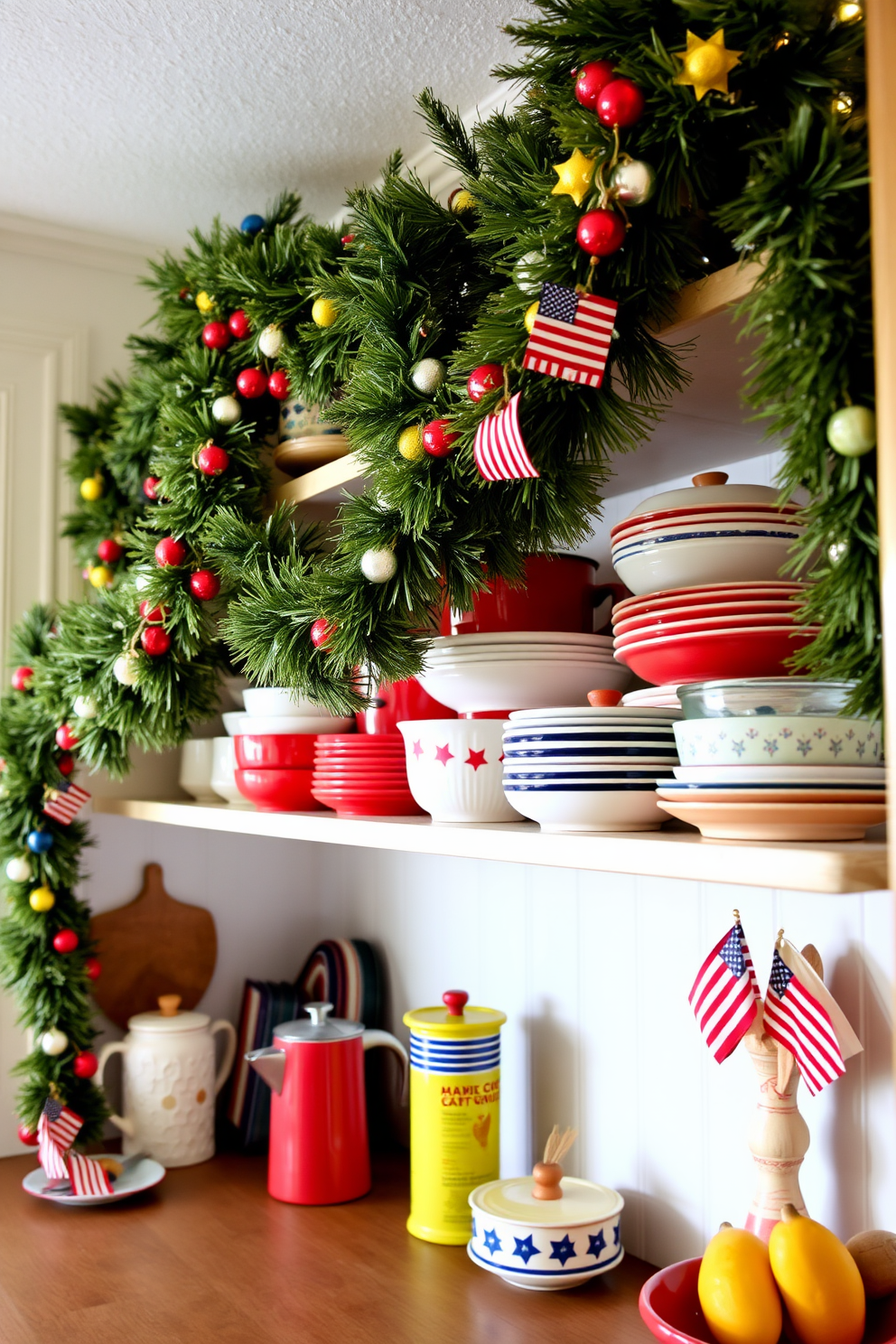 Festive garlands draped over shelving create a warm and inviting atmosphere in the kitchen. The shelves are adorned with colorful kitchenware and seasonal decorations that celebrate Labor Day.