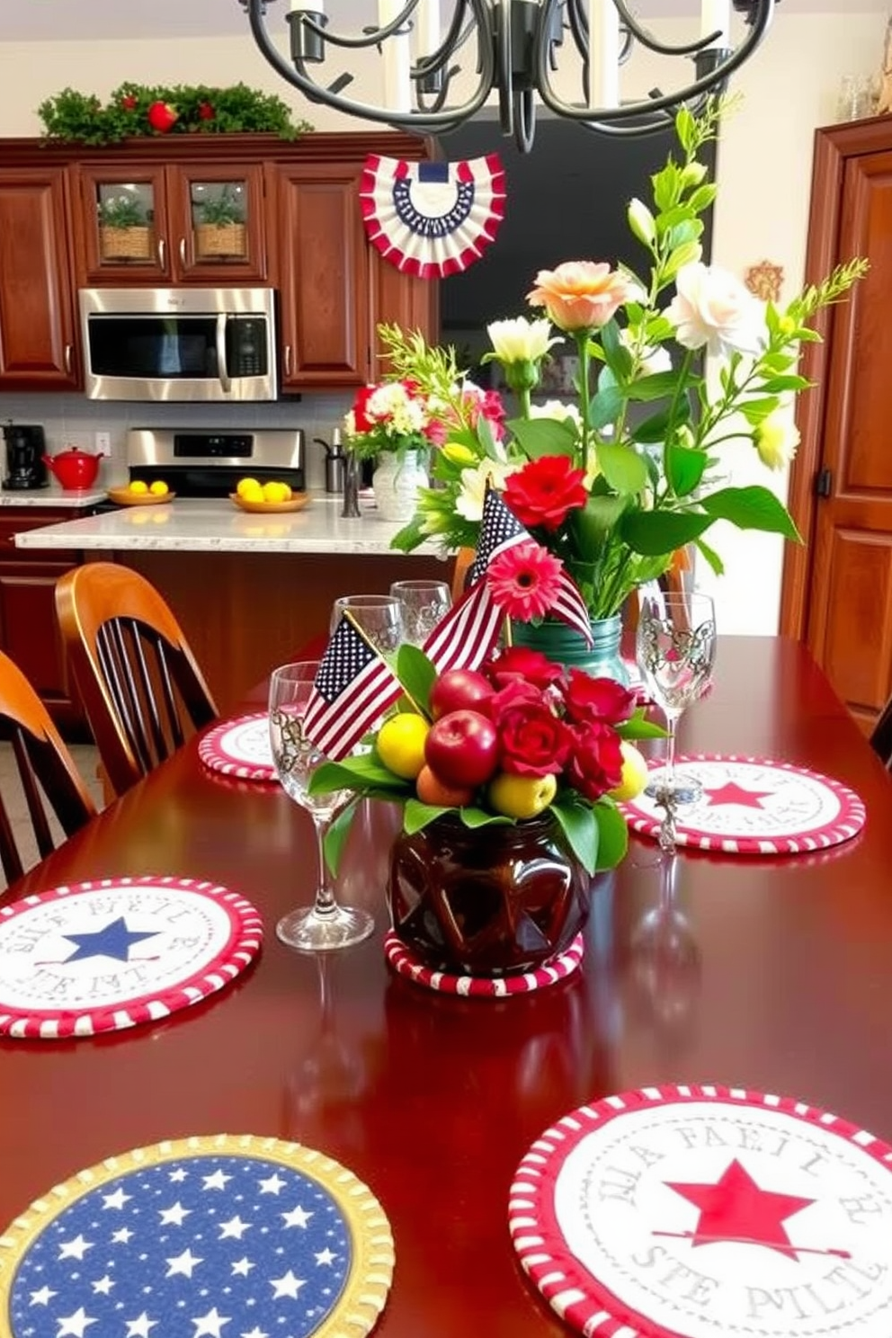 A vibrant kitchen filled with playful wall decals that feature colorful fruits and whimsical patterns. The decor creates a cheerful atmosphere perfect for family gatherings and holiday celebrations. For Labor Day, the kitchen is adorned with red, white, and blue accents, including festive table settings and patriotic-themed decorations. The space is inviting and ready for a fun and relaxing holiday cookout.