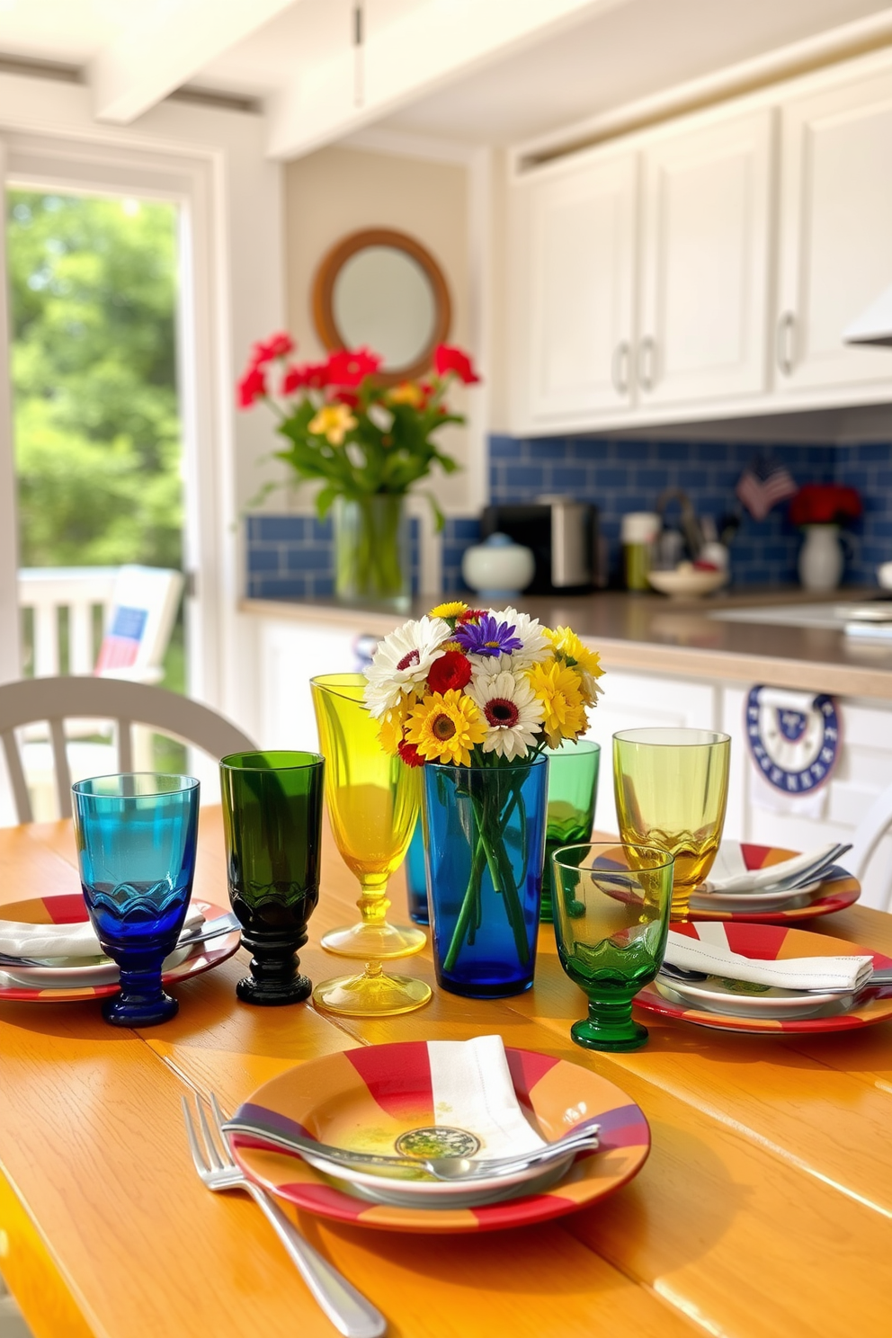 Colorful glassware arranged on a bright wooden table under a sunny patio. The glassware features vibrant hues of blue, yellow, and green, reflecting the sunlight and creating a festive atmosphere. A cozy kitchen decorated with cheerful Labor Day elements. Red, white, and blue accents adorn the countertops, while fresh flowers in a vase add a touch of summer charm.