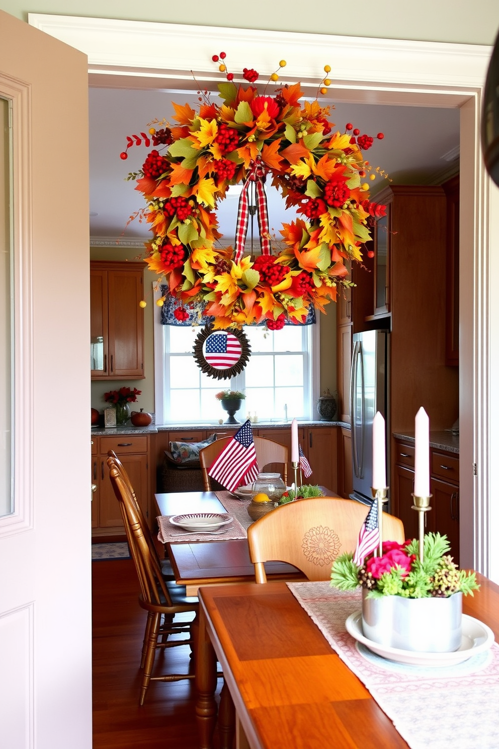 A rustic farmhouse dining table centerpiece features a long wooden tray filled with seasonal fruits and greenery. Candles of varying heights are placed alongside the tray, creating a warm and inviting atmosphere. For Labor Day kitchen decorating ideas, incorporate red, white, and blue accents through table linens and dishware. Hang a festive banner with stars and stripes above the kitchen island to celebrate the holiday spirit.