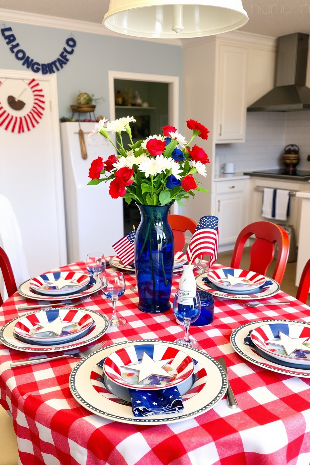 A festive kitchen setting for Labor Day featuring a table beautifully set with red white and blue tableware. The table is adorned with a vibrant checkered tablecloth and elegant plates that showcase stars and stripes, complemented by fresh flowers in a matching vase.