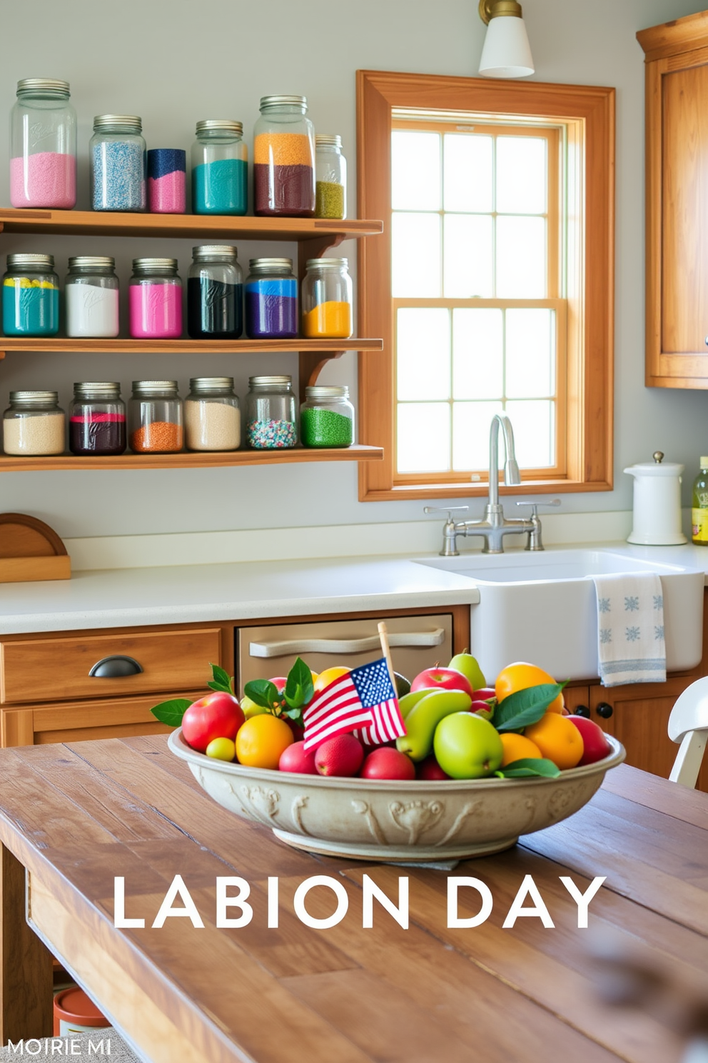 A vibrant kitchen setting featuring decorative jars filled with colored sand arranged on open shelving. The jars are of various sizes and shapes, showcasing a spectrum of colors that add a playful touch to the space. The kitchen has a warm and inviting atmosphere with wooden cabinets and a farmhouse sink. A rustic table with a centerpiece of seasonal fruits complements the overall decor, creating a festive Labor Day theme.