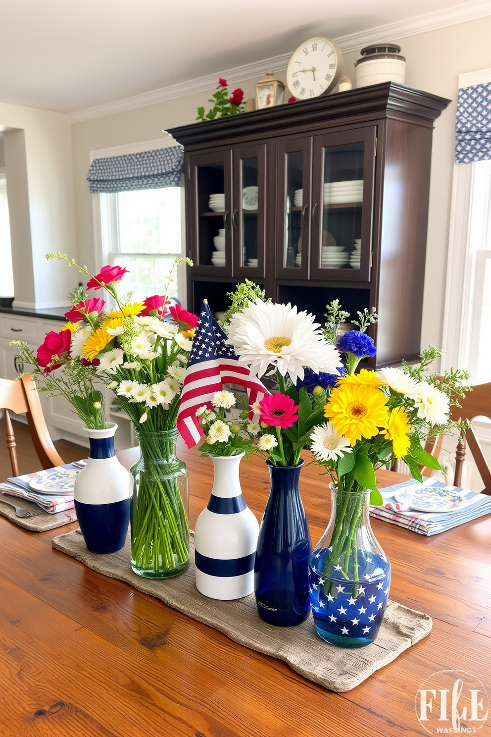 Tabletop vases filled with fresh seasonal flowers are arranged on a rustic wooden kitchen table. The vases vary in height and design, creating an inviting and cheerful centerpiece that enhances the kitchen's warm ambiance. For Labor Day kitchen decorating ideas, consider incorporating red, white, and blue accents throughout the space. Festive table settings with themed dishware and decorative napkins can add a celebratory touch to your kitchen decor.