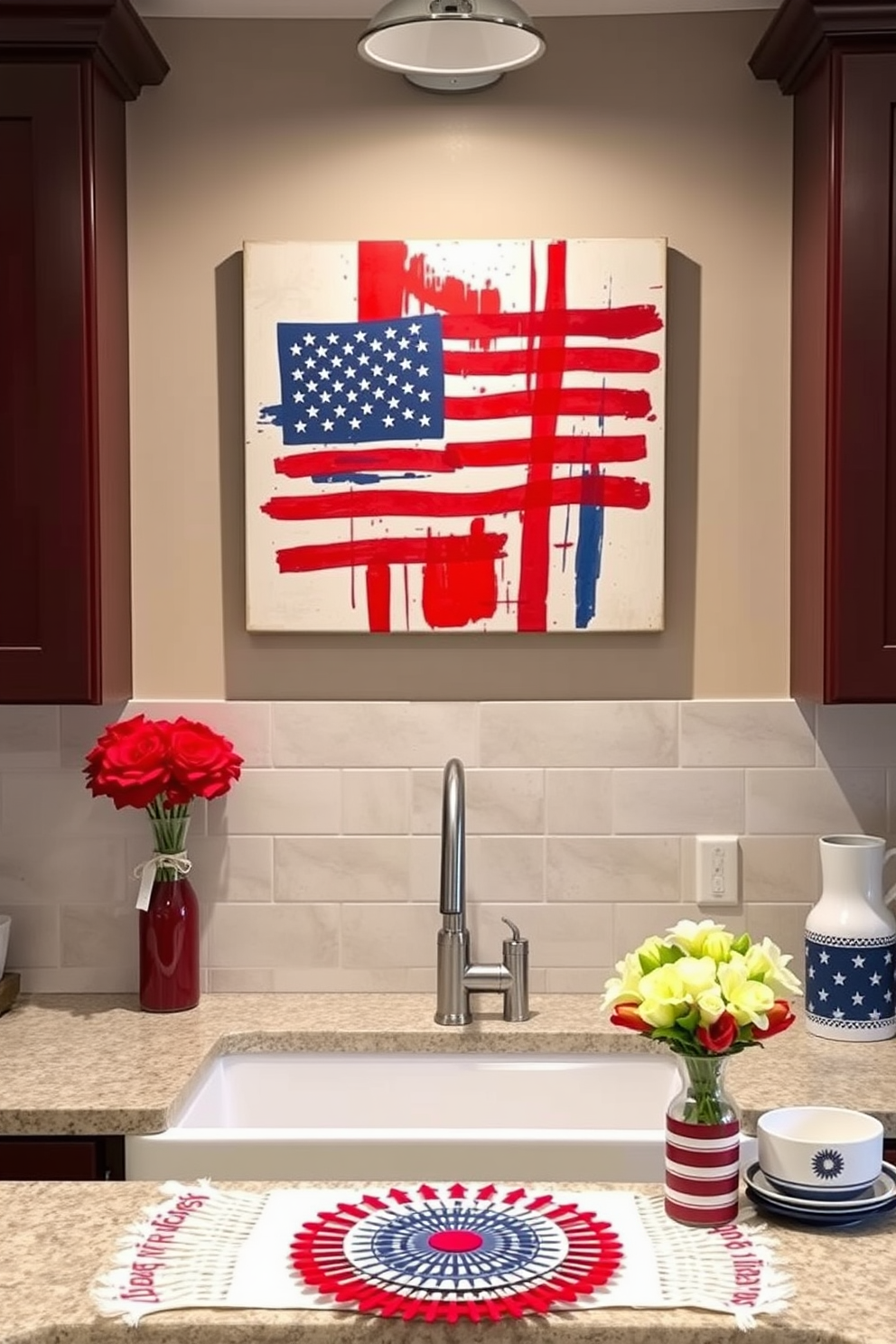 A patriotic themed wall art piece is displayed above the sink featuring the American flag in a modern abstract style. The kitchen is adorned with red white and blue accents including a festive table runner and decorative dishware celebrating Labor Day.