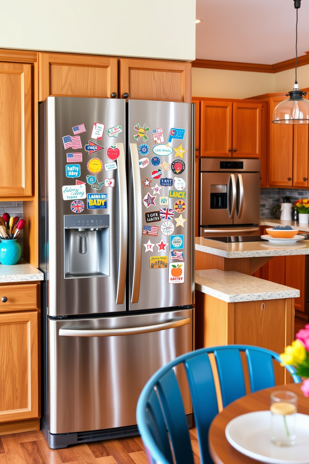 A vibrant kitchen setting adorned with seasonal magnets on the refrigerator door. The refrigerator is a sleek stainless steel model, showcasing an array of colorful magnets representing Labor Day themes. The kitchen features warm wooden cabinetry and a spacious island with bar stools. Brightly colored kitchen accessories and a festive table setting enhance the celebratory atmosphere.